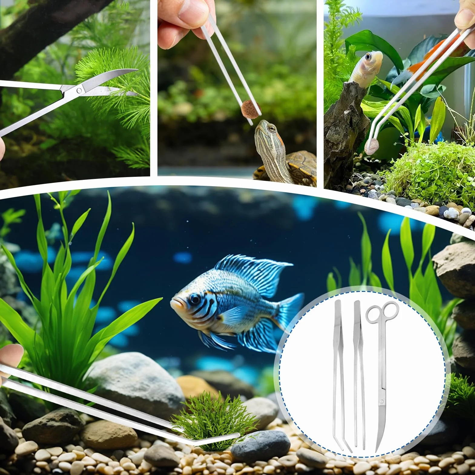 Kit Outils Aquarium Acier Inoxydable 3 Pièces Pince Droite Pince Courbe Ciseaux Aquascaping Entretien Plantes Aquatiques