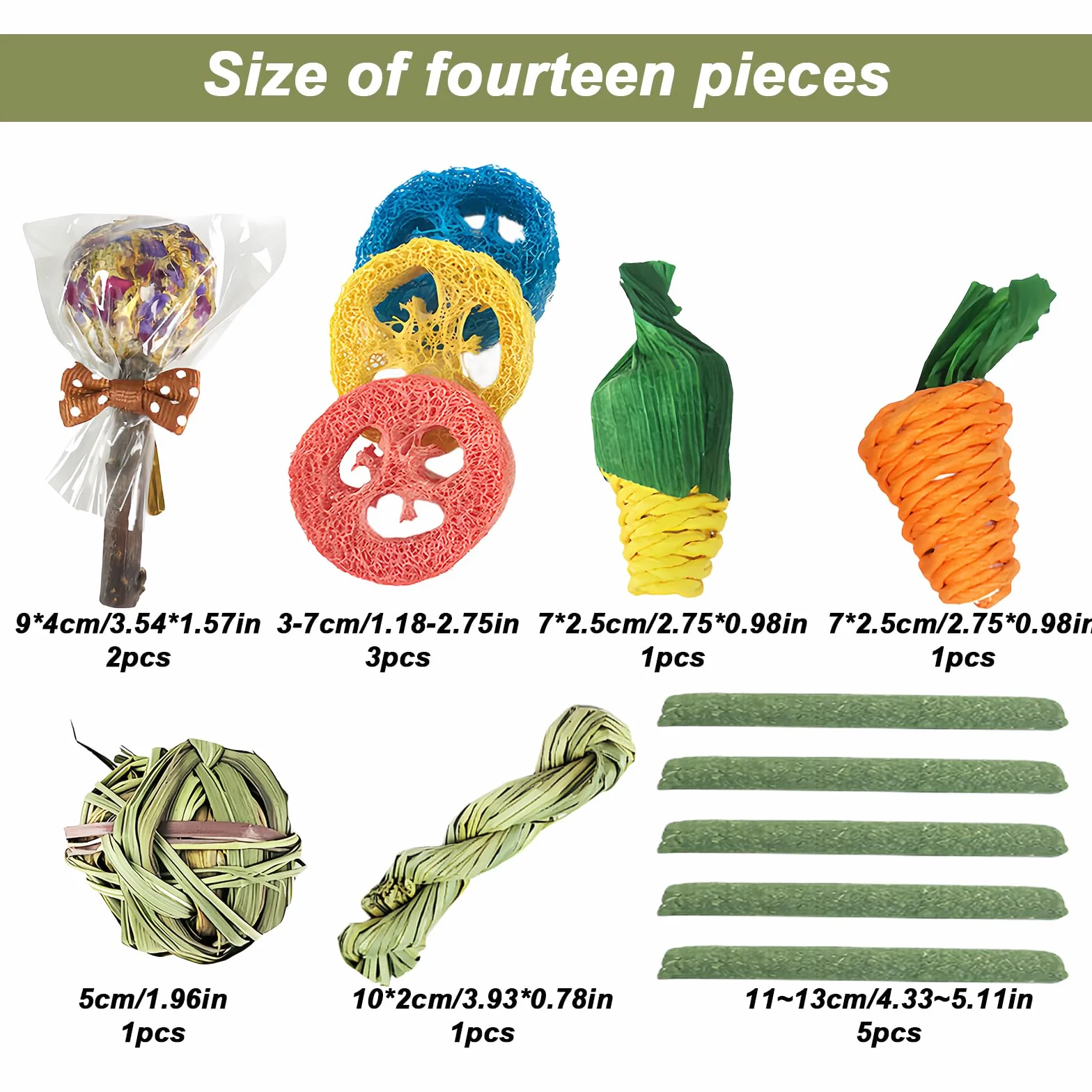 Sporgo Lot de 14 jouets pour lapin avec 2 tapis de paille, jouets d'herbe pour soins dentaires