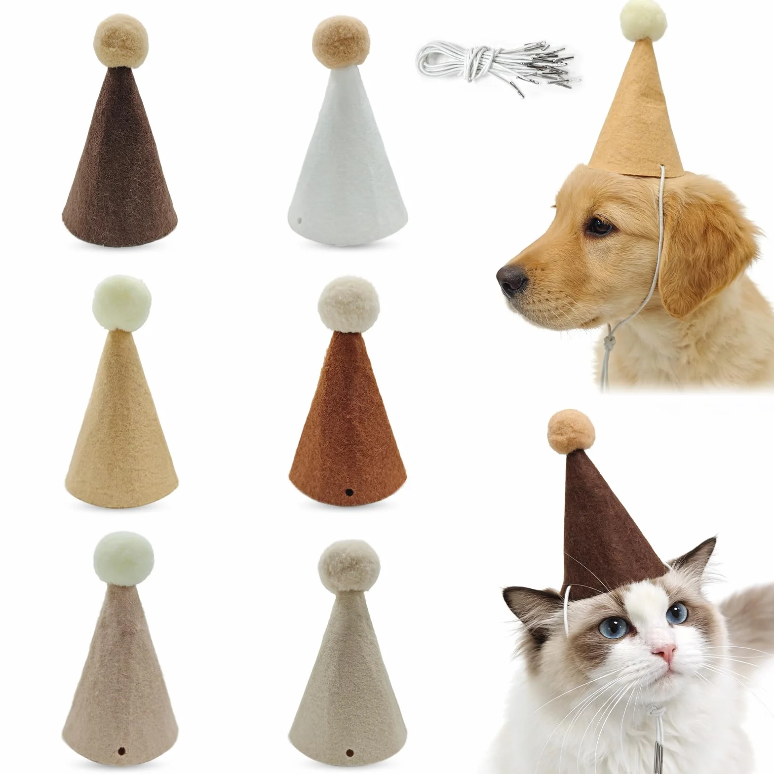Yootiko Lot de 6 mini chapeaux de fête pour animaux de compagnie et animaux en peluche, chapeaux d'anniversaire en feutre pour chiens, chats, lapins et doudous, mignonnes décorations de fête animale