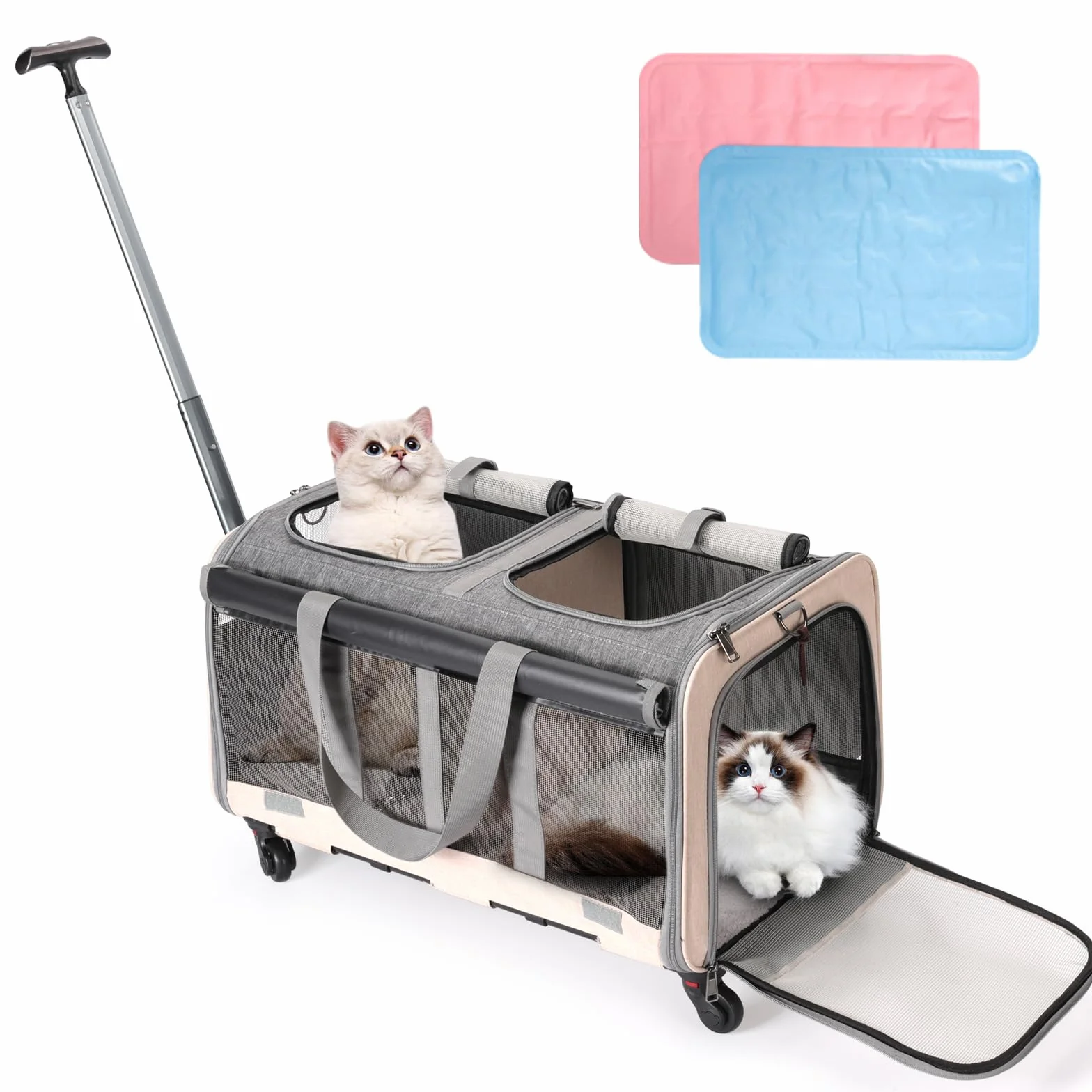 Sac de transport à roulettes double compartiment pliable pour 2 chats et chiens, respirant pour voyage randonnée