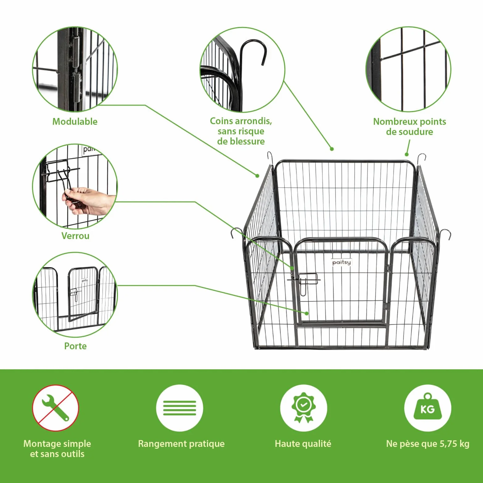 Parc Enclos pour Chien Chiot et Lapin GARDEO80x60x4, 4 Panneaux 80X60cm, 0,64M2, modulable, intérieur et extérieur, Pliable, Garantie 5 Ans