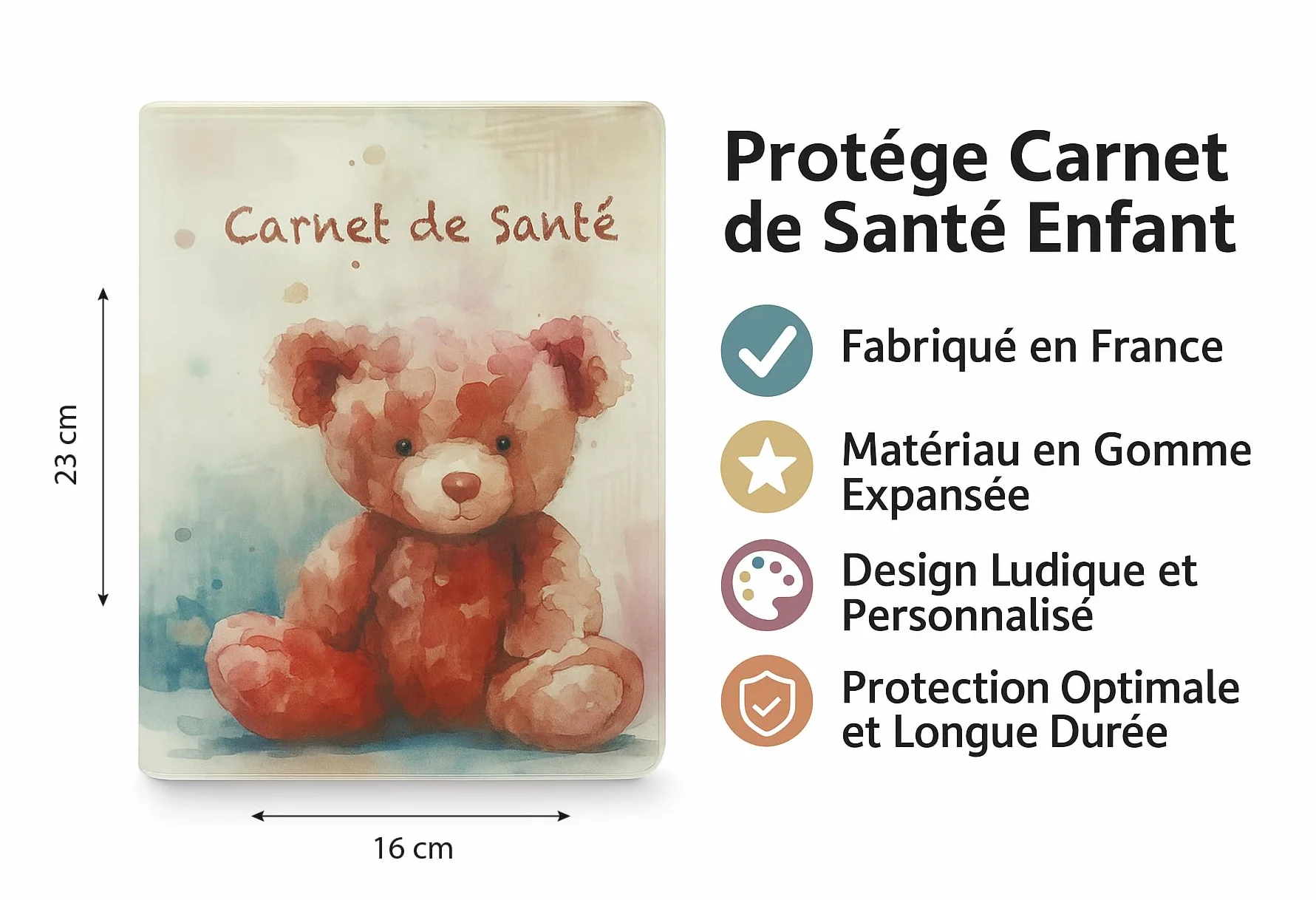 Protège Carnet de Santé Enfant en Gomme Expansée Souple Résistant Imperméable Étui Bébé Fille Garçon Modèle Ourson Fabriqué en France
