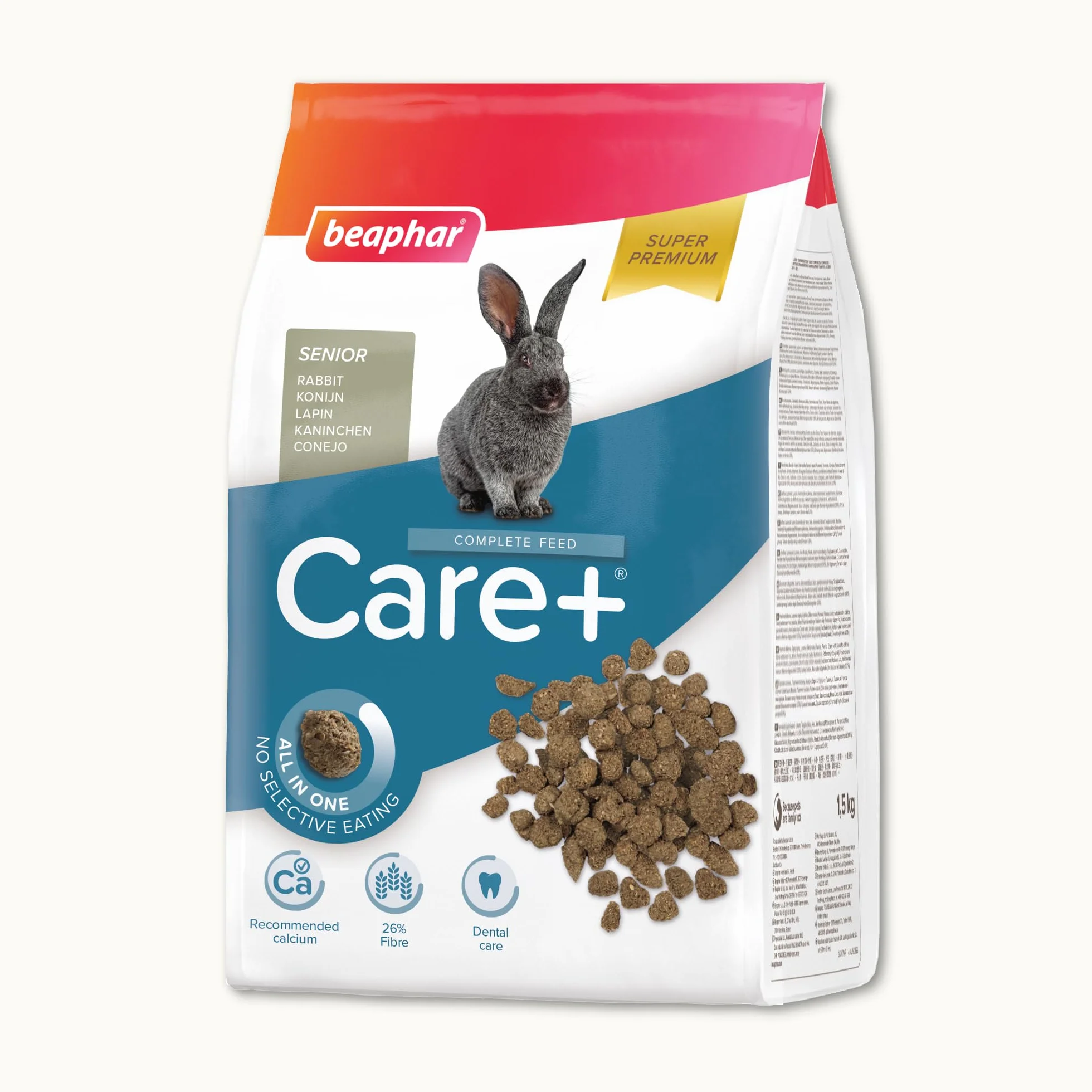 BEAPHAR Care+ Alimentation Super Premium Lapin sénior 25% Fibres Oméga 3 & 6 Faible Glucides Matières Grasses 1,5 kg