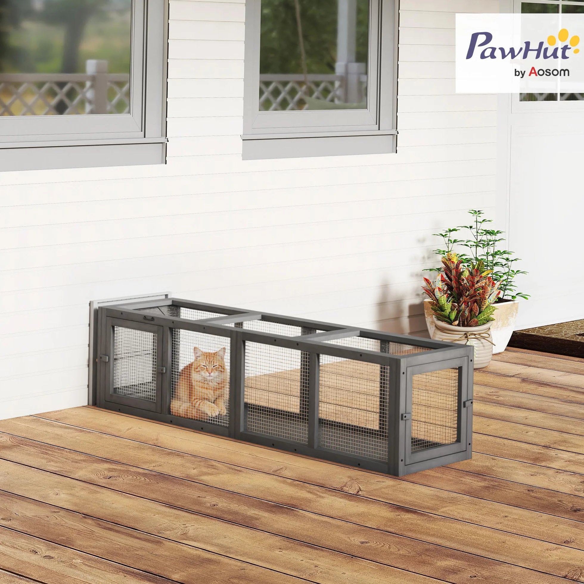 PawHut Tunnel pour Chat d'extérieur 150 cm Enclos de Jeu en Bois Parc Extensible avec 3 Portes pour Chatons Chiots Gris
