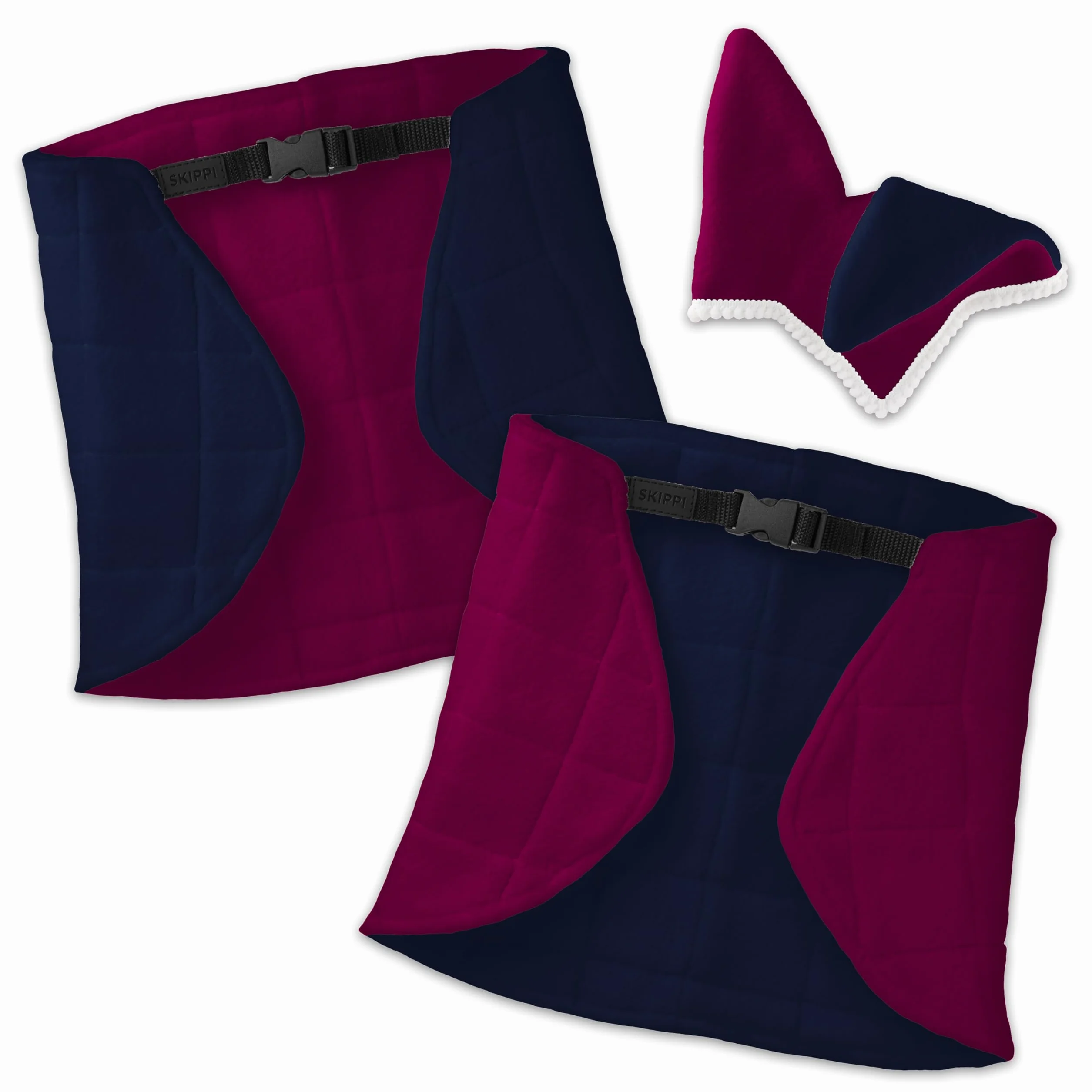SKIPPI Couverture et Bonnet Hobby Horse - Fuchsia et Bleu Marine, Accessoire Réversible Anti Mouches