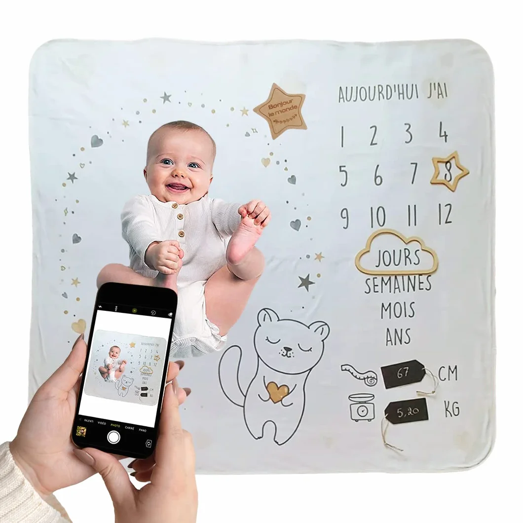 Couverture étape bébé personnalisée avec carte en bois - tapis mois photos - coffret cadeau naissance - thème étoile