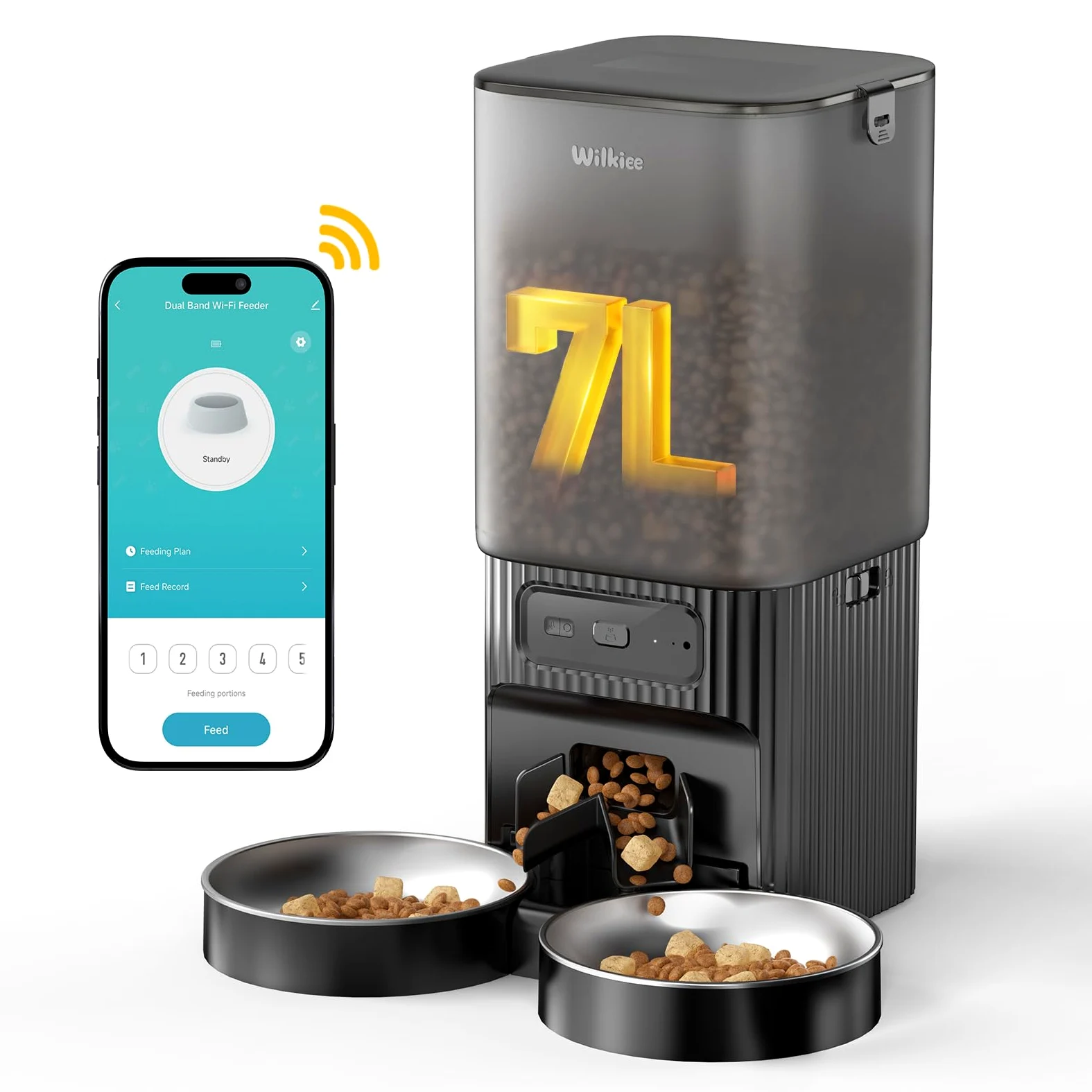 Distributeur Automatique 7L avec APP & WiFi Double-Bande pour Chats/Chiens | 2 bols, 7L, APP, WiFi 2,4G/5G, minuterie programmable, pour plusieurs chats et chiens, noir élégant