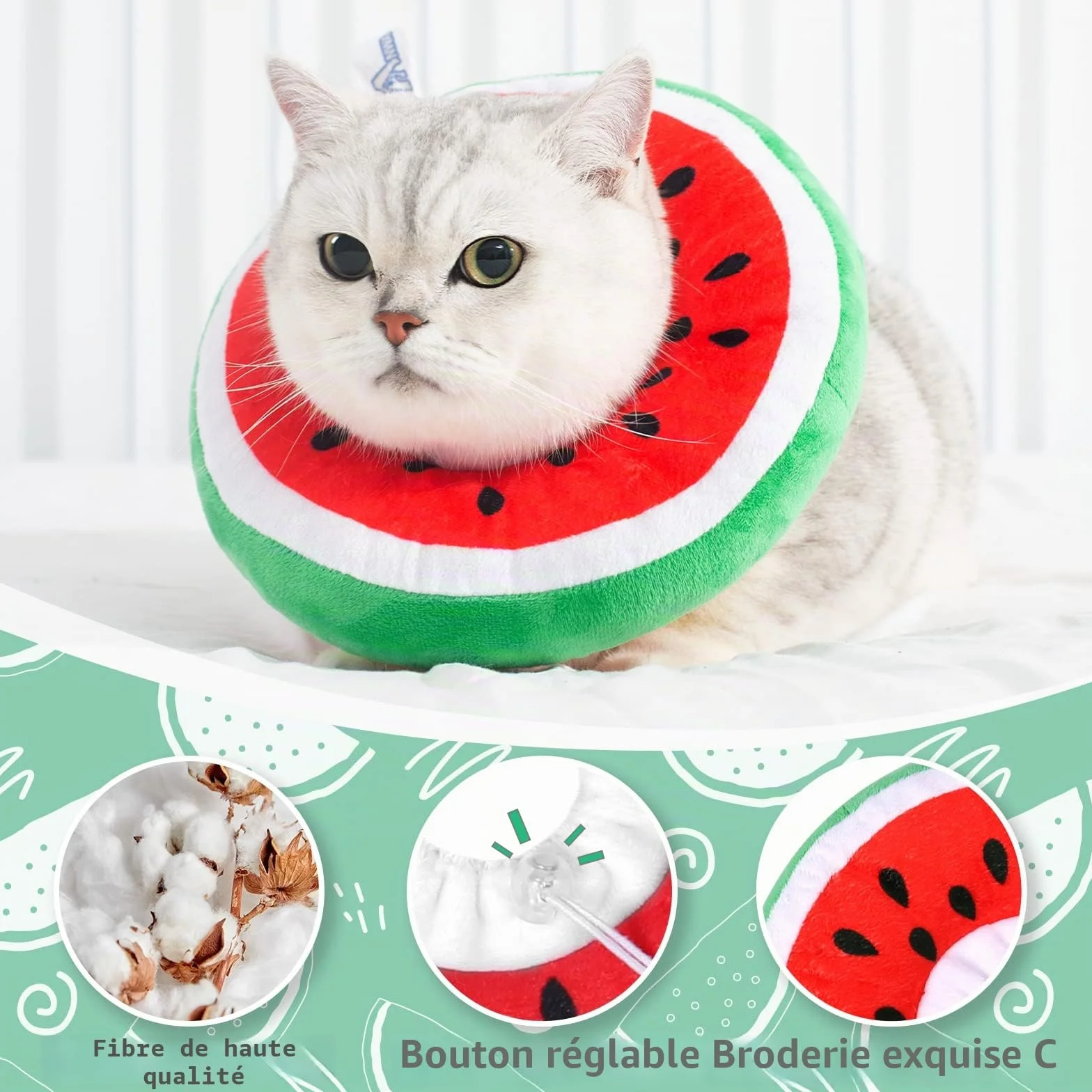 ANWA Collerette pour Chat Anti Léchage Réglable Pliable en Tissu Souple Forme Fruit Pastèque Taille S