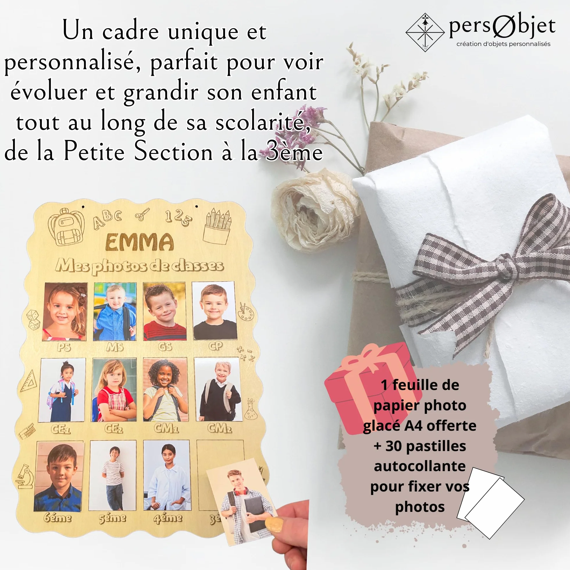 Cadre en bois personnalisé photo classe A3 28x40cm souvenir scolaire