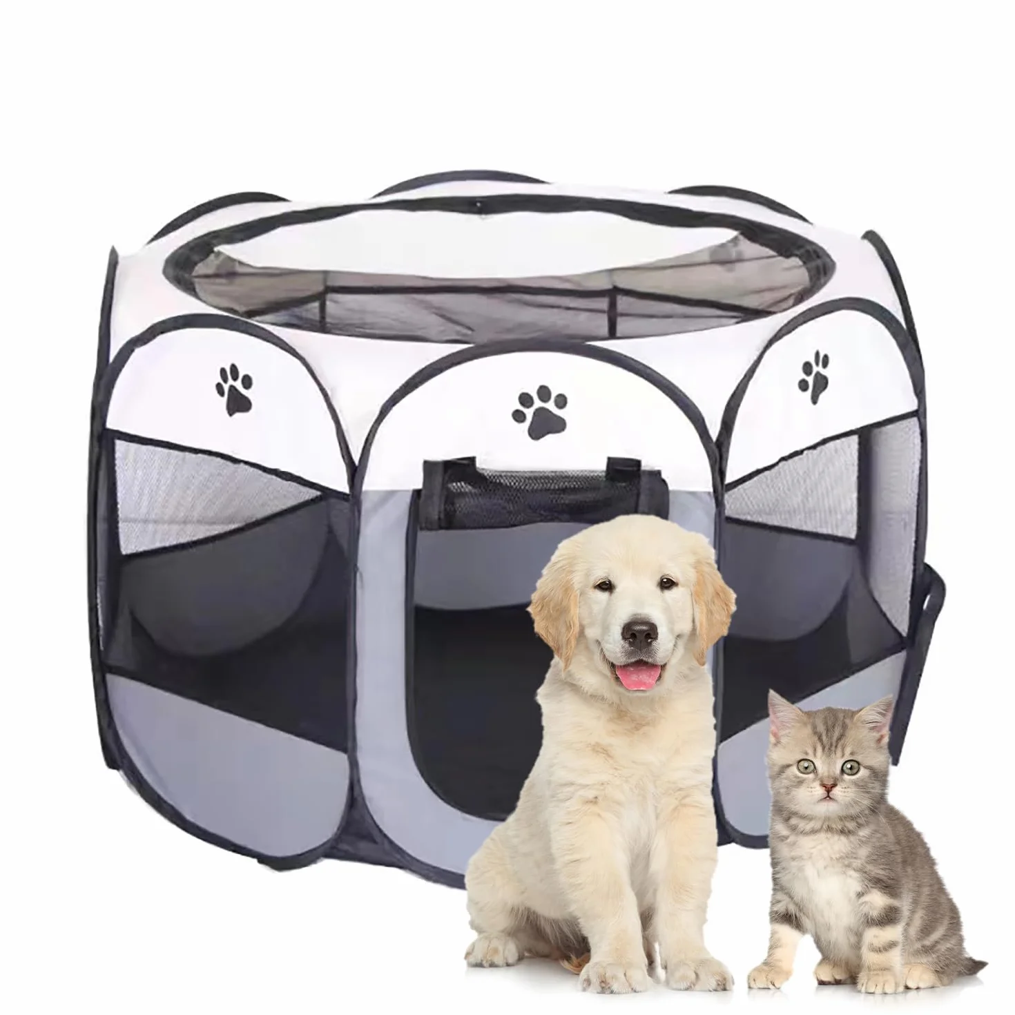 Parc pour Chien Portable Imperméable Toile Oxford Gris pour Chiots Petits Chats Lapins
