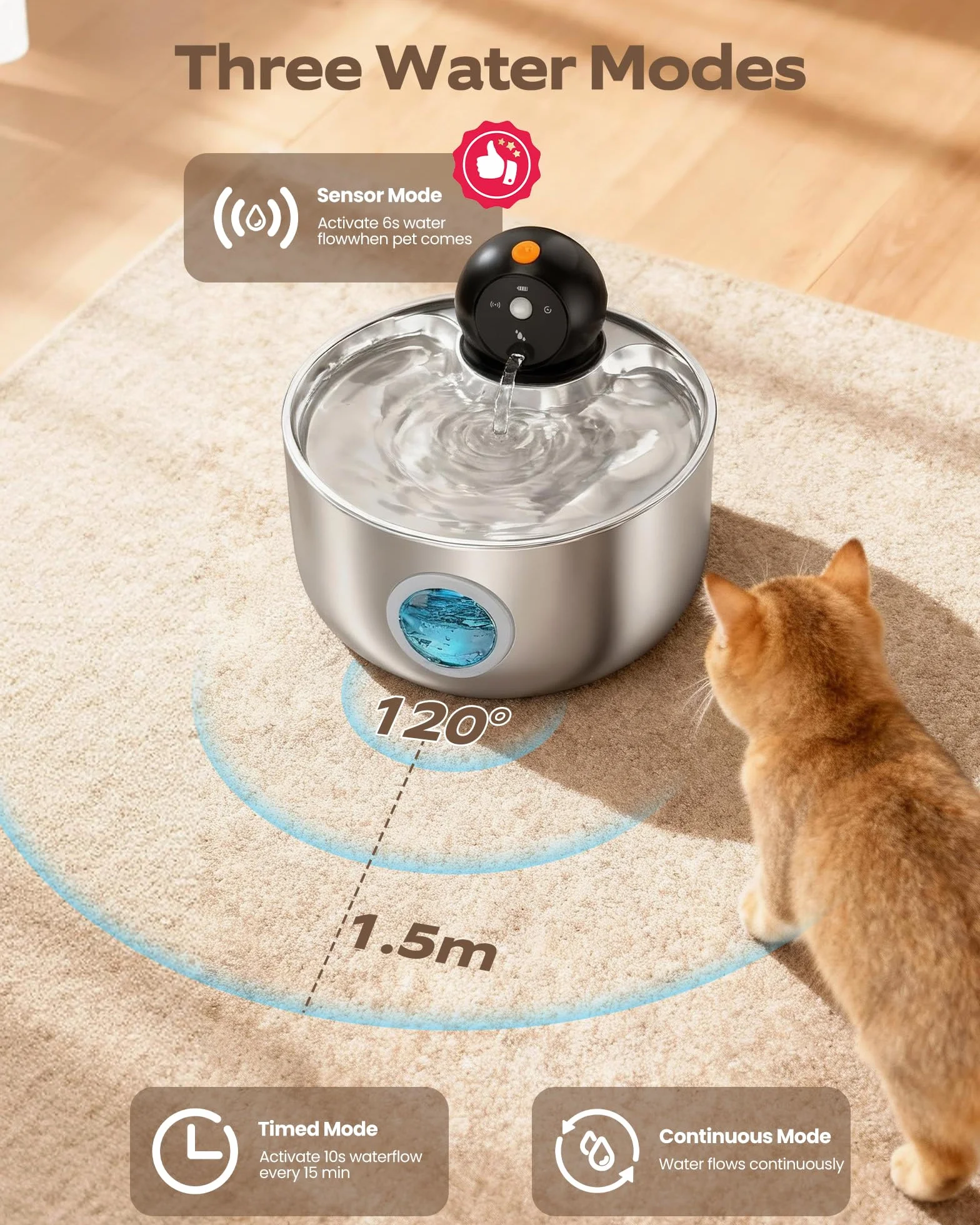 Fontaine à Eau pour Chat sans Fil INOX 2.6L avec Détecteur de Mouvement et Batterie Rechargeable