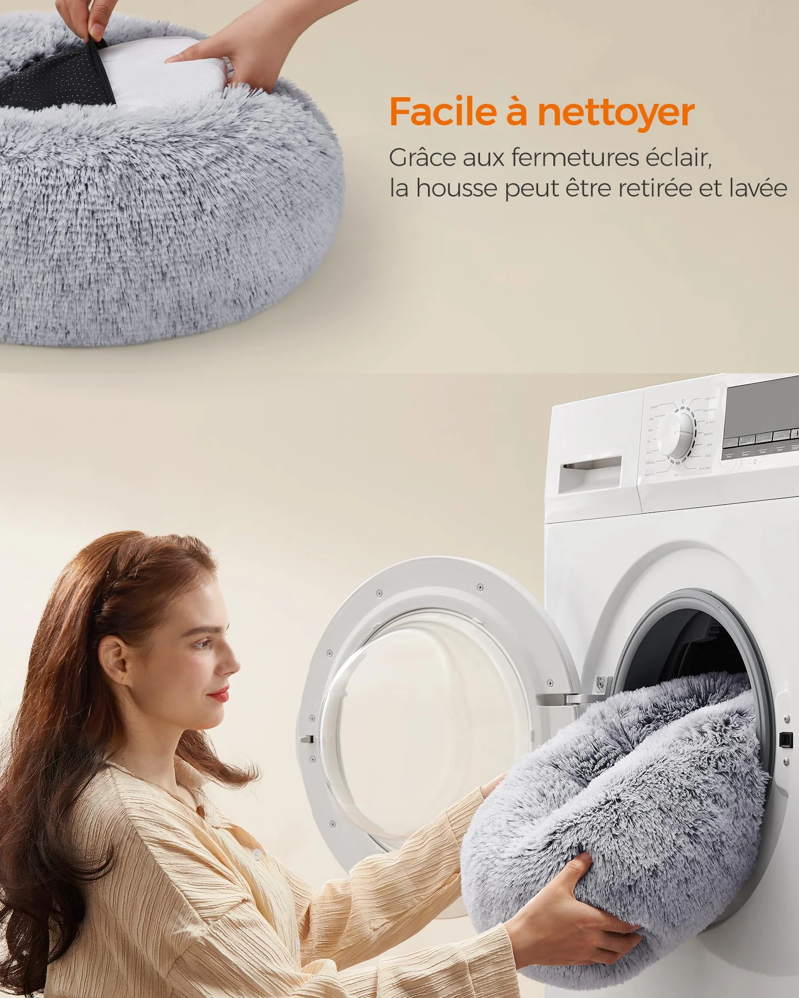 Feandrea Panier pour Chien Lit Ronde Forme Beignet Canapé Coussin Amovible Lavable Tissu Peluche Doux Ø40 cm Gris Ombré