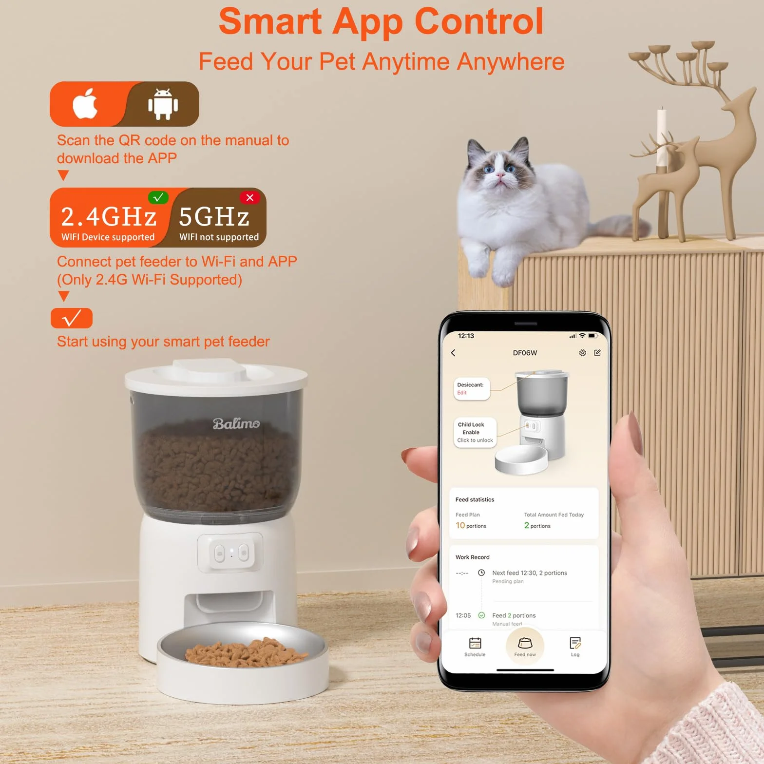 Balimo Distributeur Croquettes Chat Automatique 3L WiFi 2.4G 1-10 Repas Blanc