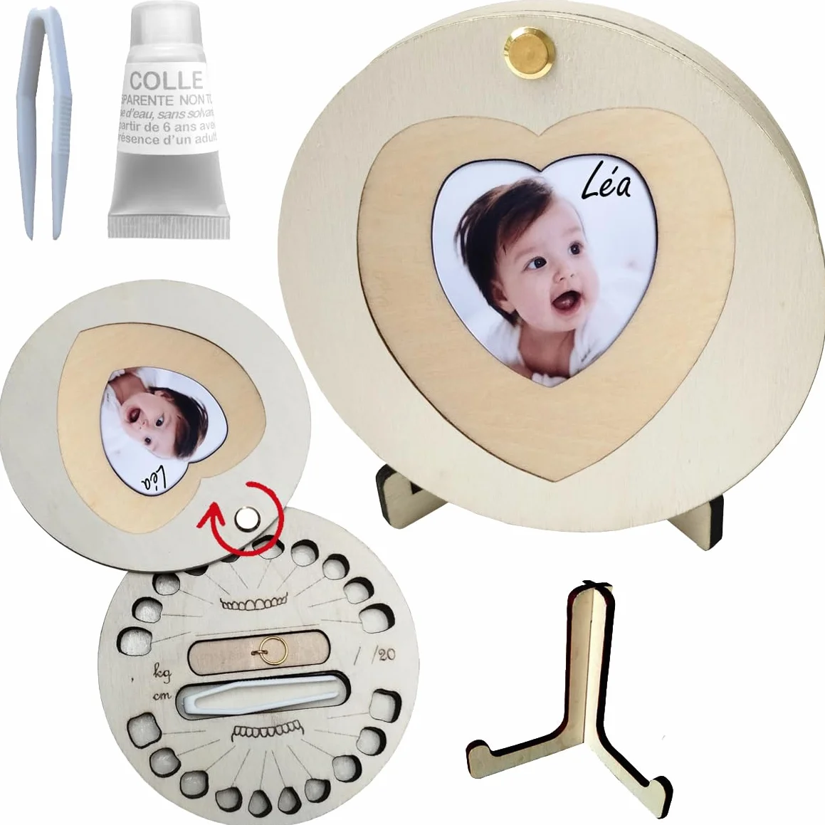 Boîte à dents de lait en bois avec chevalet fabriqué en France Fille Garçon Cadre Photo coeur