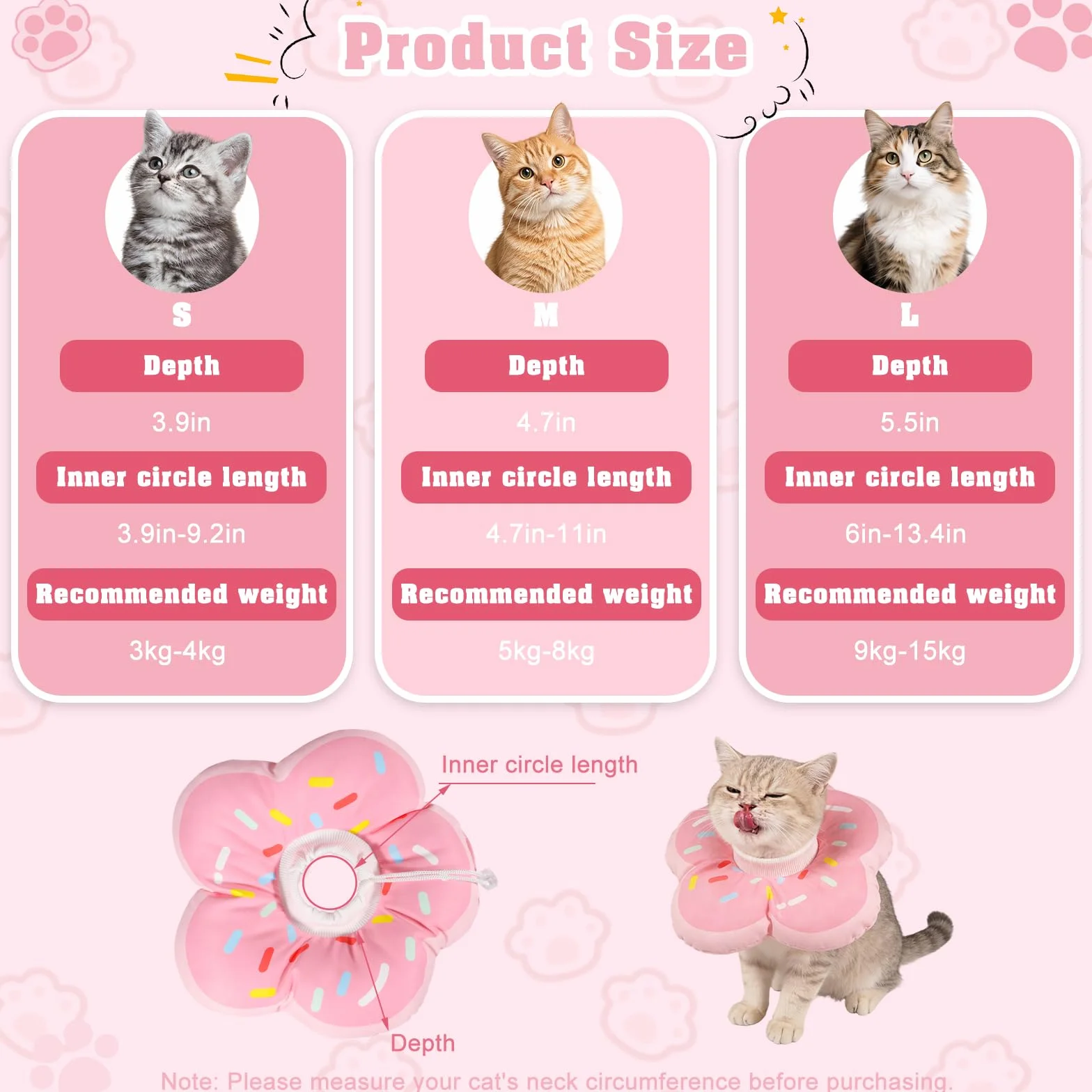Collier Anti Léchage pour Chat, Colerette Adjustable Imperméable, Beignet Rose