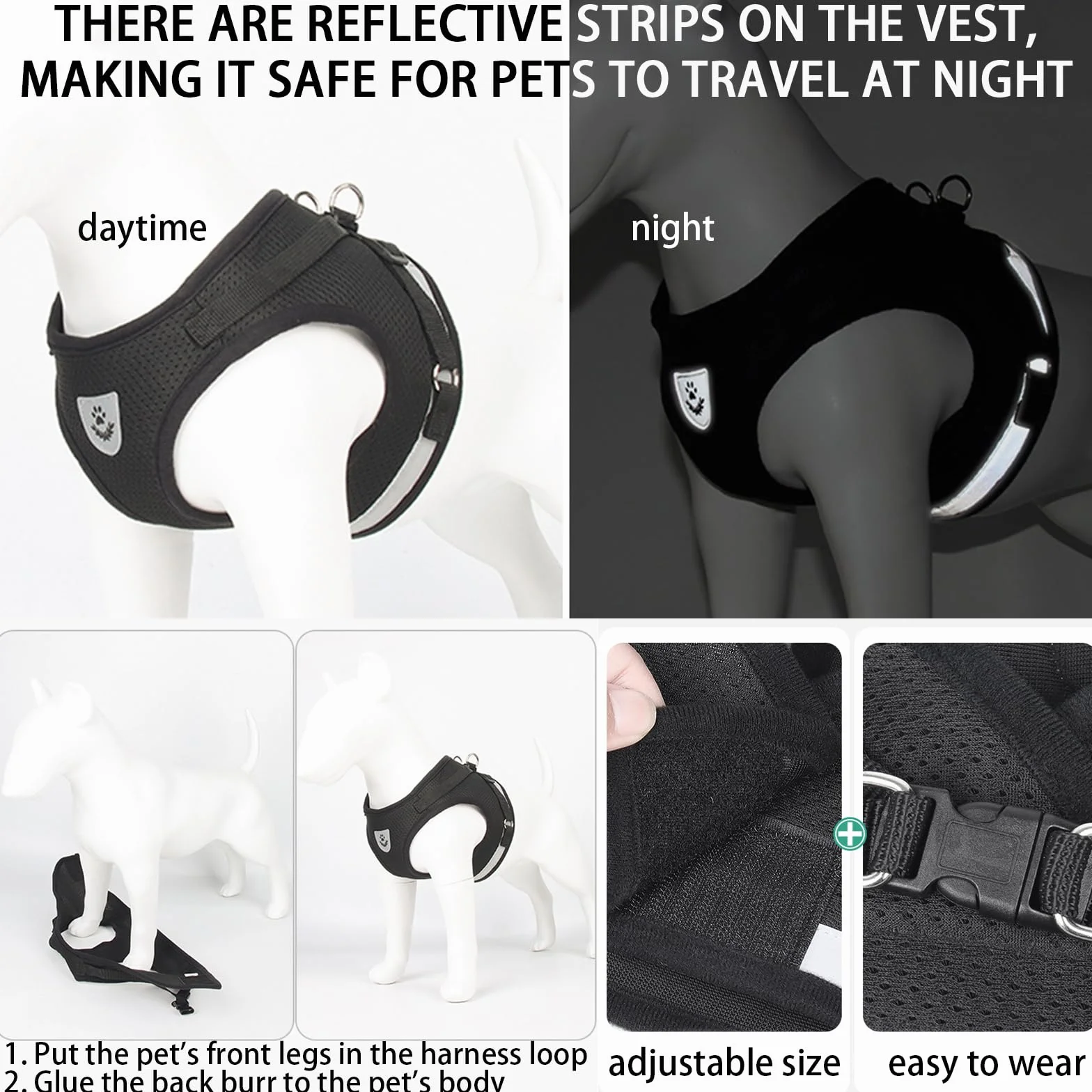 Harnais Chat avec Laisse Anti évasion Réfléchissant Réglable pour Chiens Chihuahua Noir M