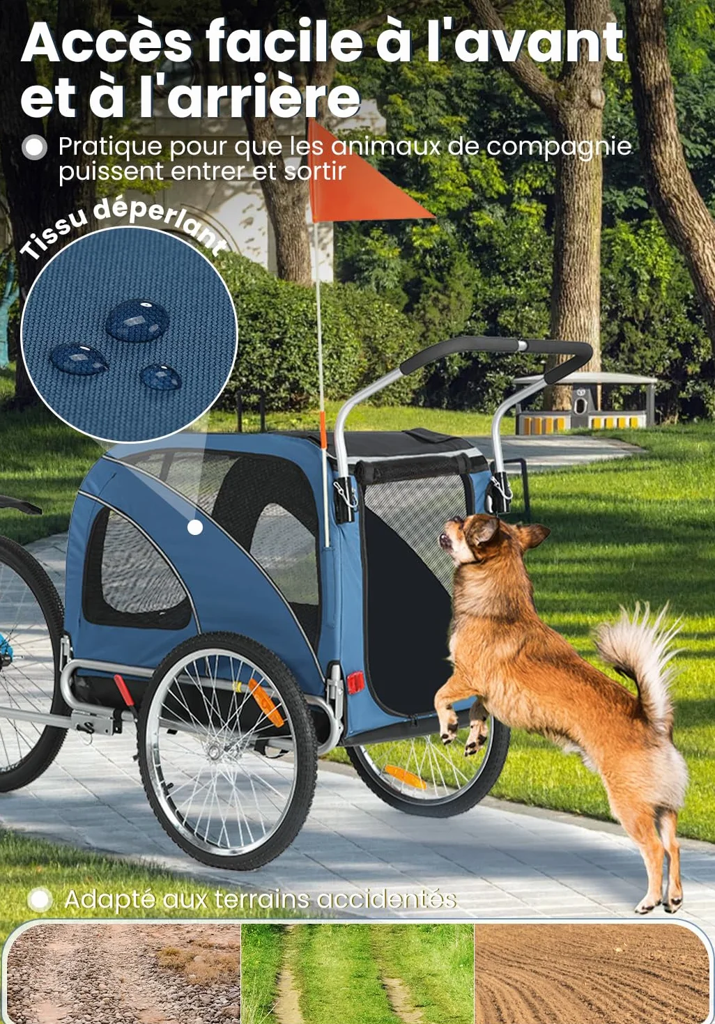 SEPNINE Remorque Vélo Chiens XL, Remorque 2 en 1 Pliable avec Frein de Stationnement, Charge Max 40 kg, Bleu