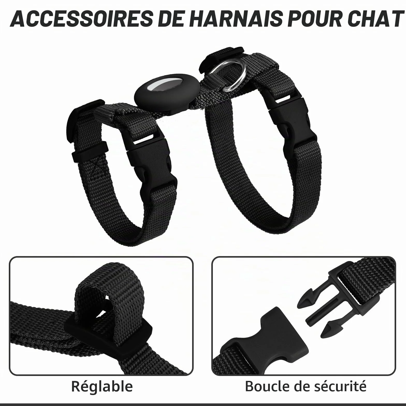 Harnais Anti-Fugue pour Chaton avec Support Airtag, Gilet Réglable Léger (Noir)