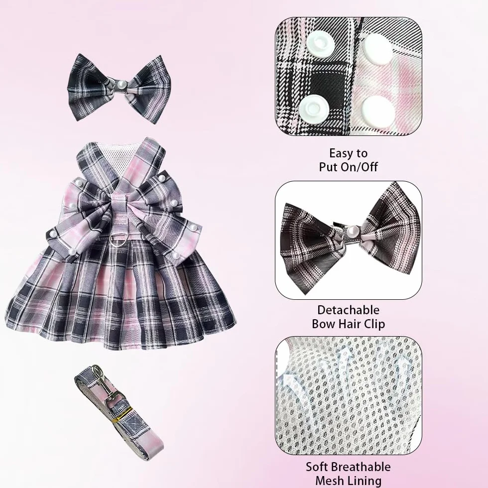 Robe pour Chien Tartan Rose Noir Noeud Papillon Vêtement Canin Respirant Mariage Cérémonies M