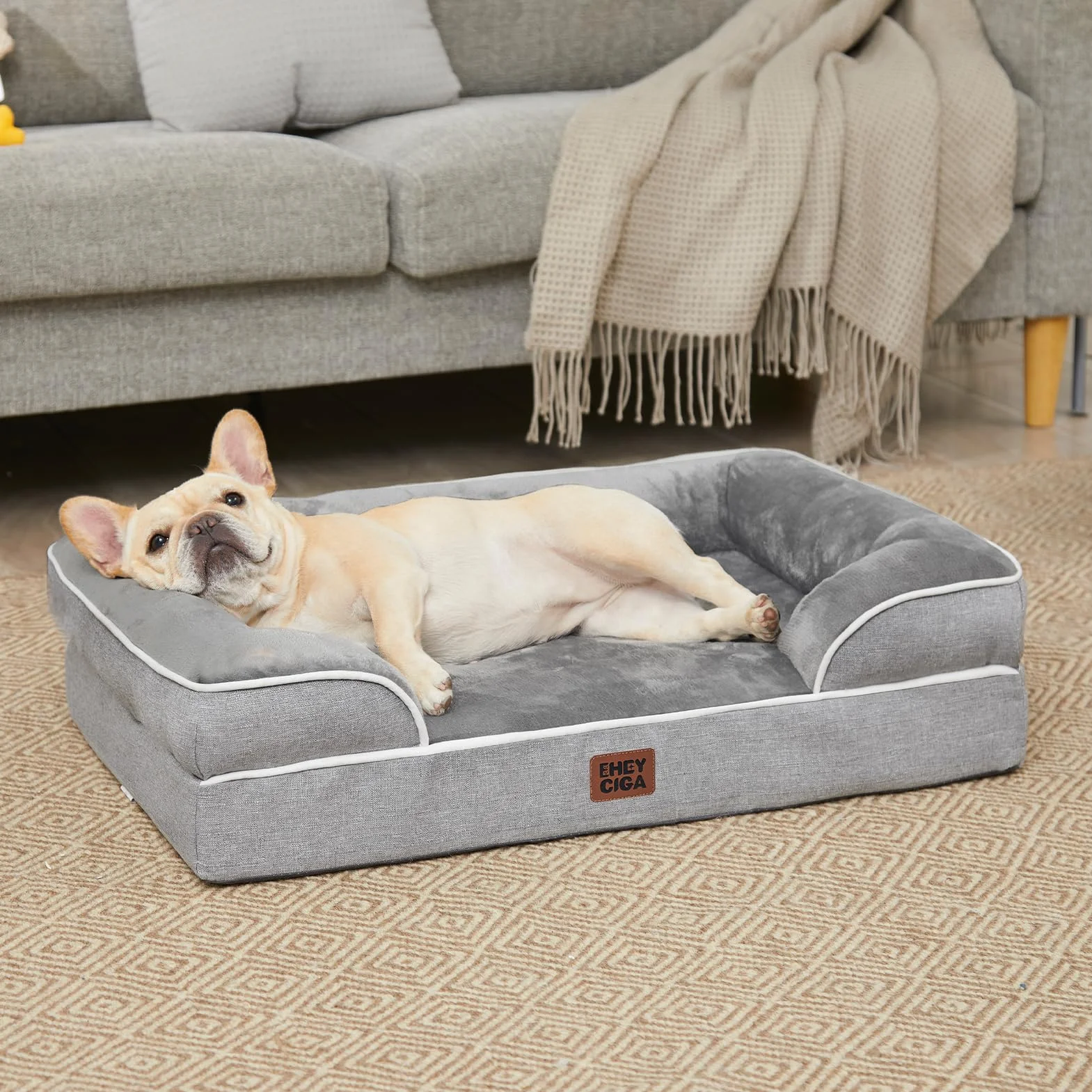 EHEYCIGA Panier Chien Grande Taille XXL Orthopedique Memoire de Forme Lit pour Chien Dehoussable Lavable Canapé Chiens Imperméable Gris