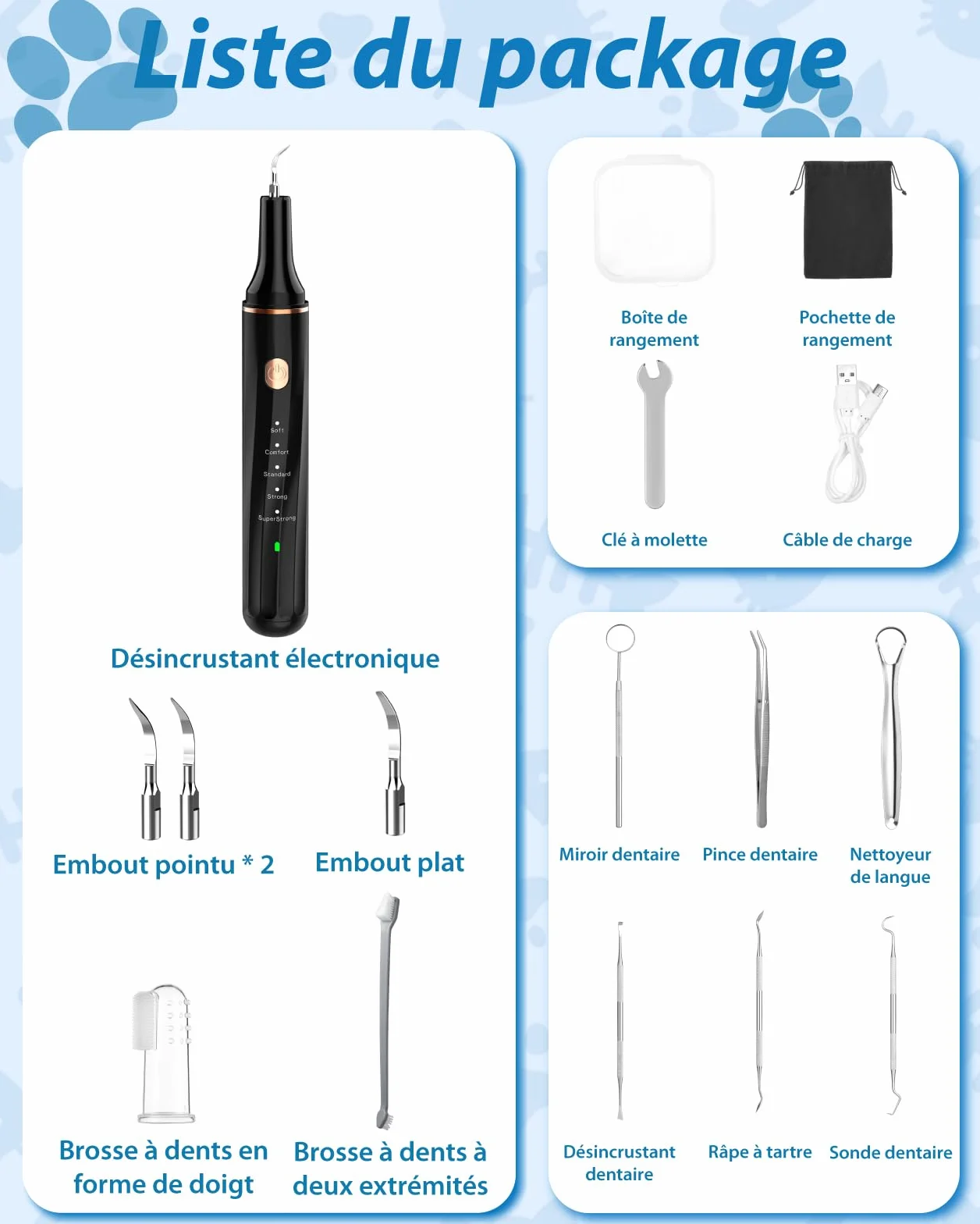 Kit de Nettoyage Tartre Dentaire à Ultrasons pour Chien et Chat, Brosses Detartreur à Ultrasonique Dents Détachant Nettoyeur, 5 Modes de Nettoyage de Nettoyage pour Animaux Pet de Compagnie (Noir)