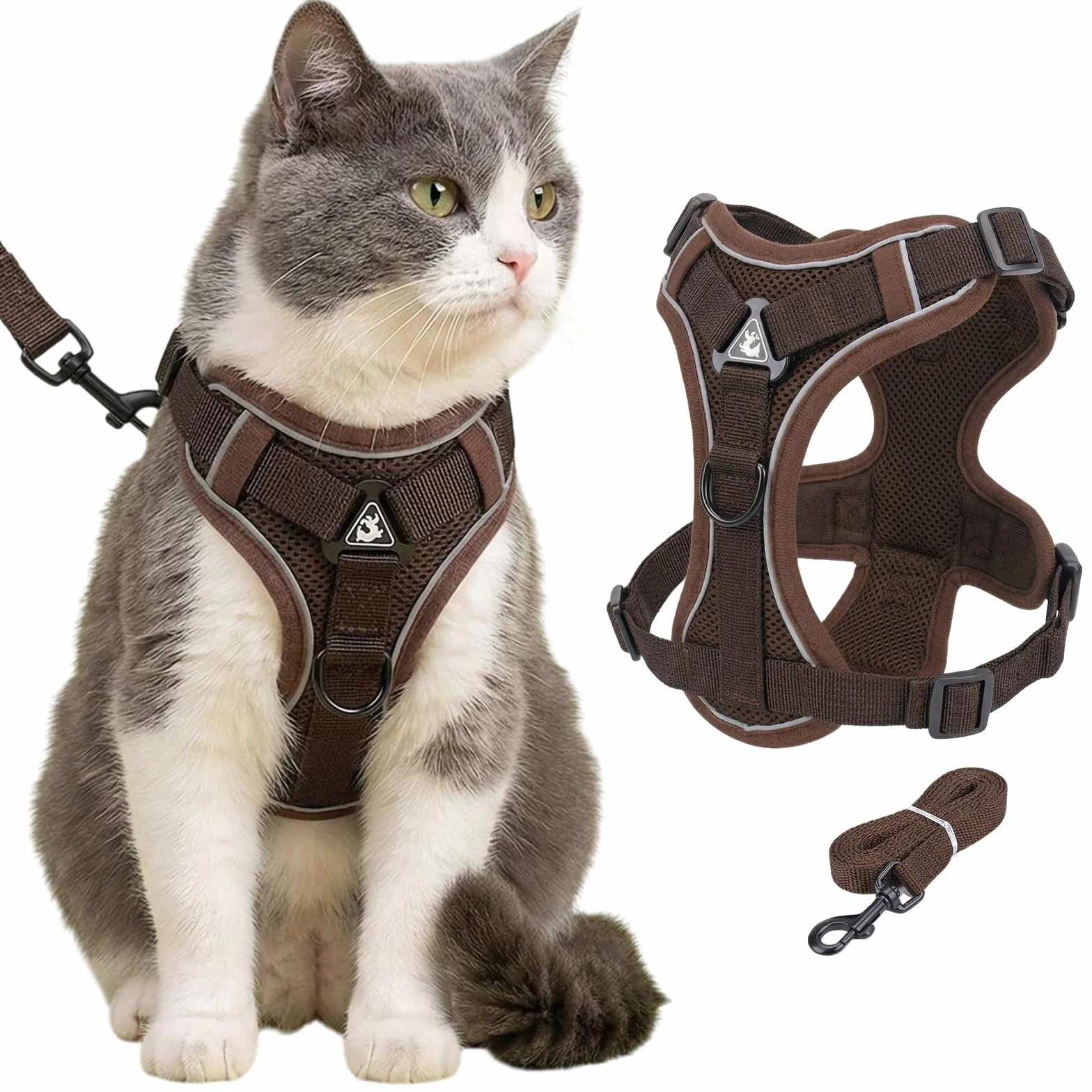 Harnais pour Chat avec Laisse Anti-éclatement, Laisse Réglable en Maille Respirante, Gilet de Sécurité Souple avec Bandes Réfléchissantes pour Chats (Café-M)
