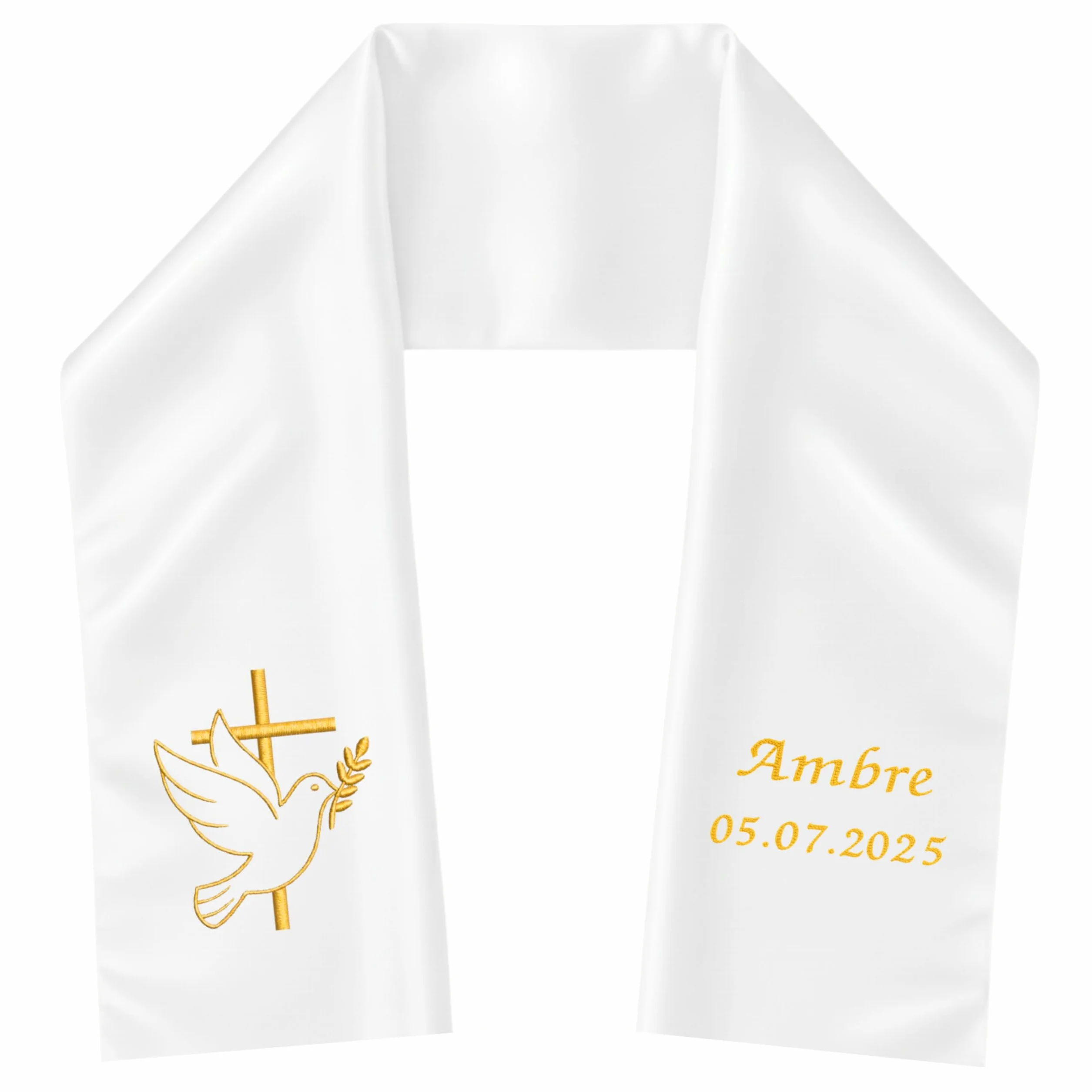 Étole de Baptême Personnalisée Prénom Date Broderie Satin Blanc 85x15 cm Cadeau Filleul Filleule