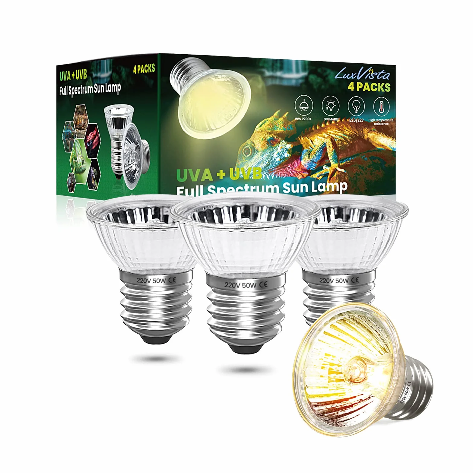 Luxvista E27 50W Dimmable Ampoule Chauffante Reptile UVA UVB Spectre Complet pour Serpent 4 pcs
