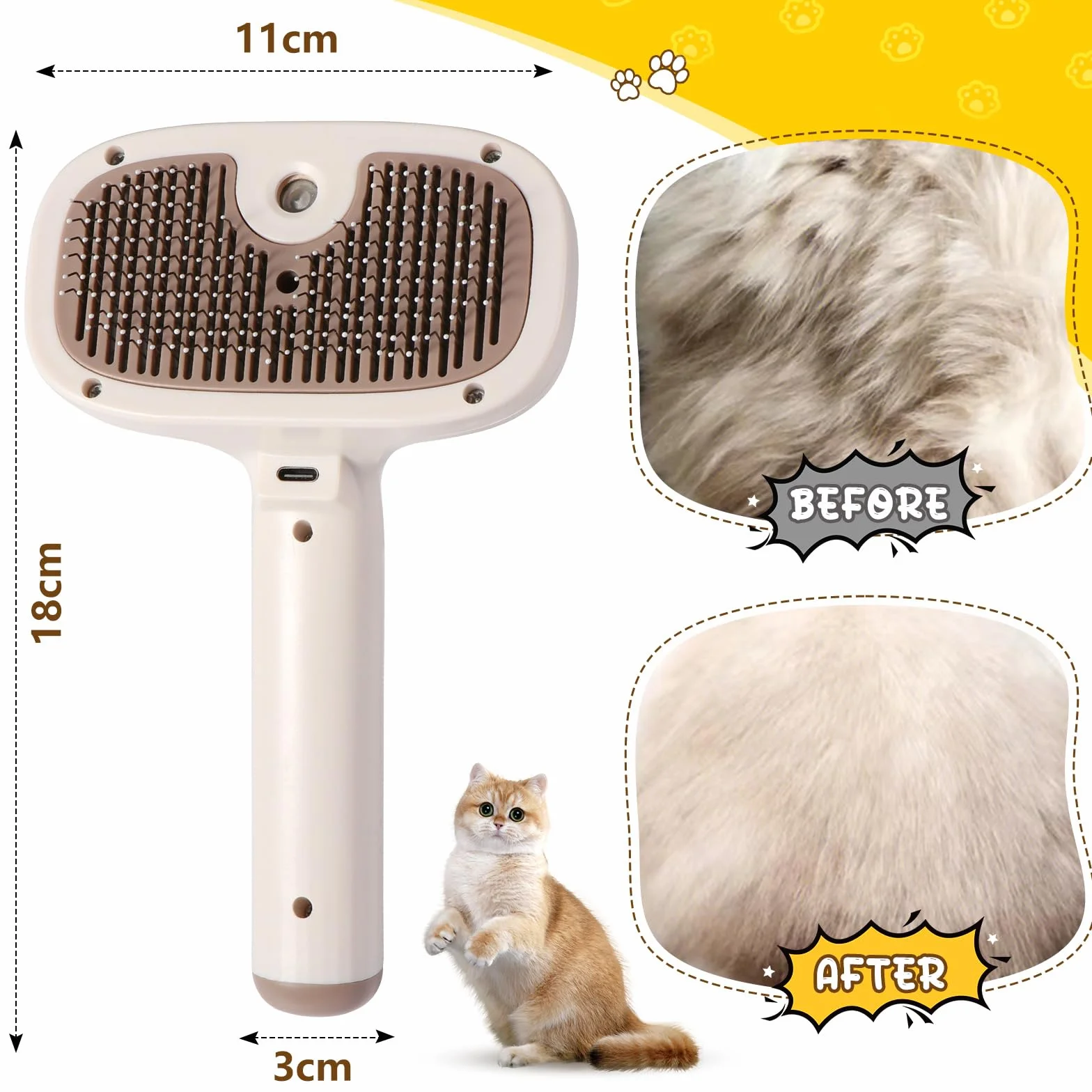 Brencco Brosse Vapeur Chat Chien 4 en 1 Réservoir Rechargeable Poils Courts Longs Massage Soin