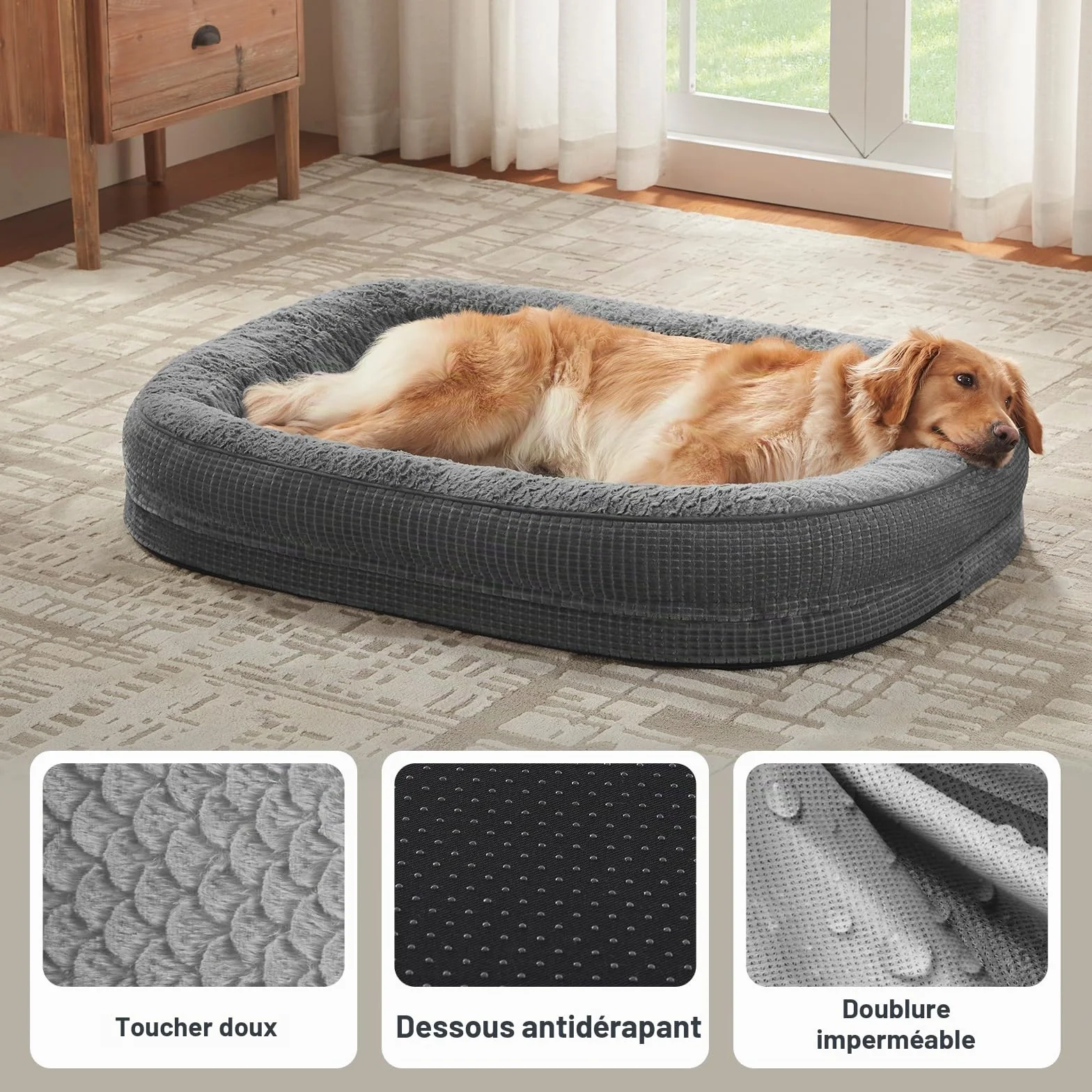 Lit pour Chien Orthopedique et Dehoussable, Coussin Memoire de Forme Canapé Chiens Imperméable, 89x63x18 cm