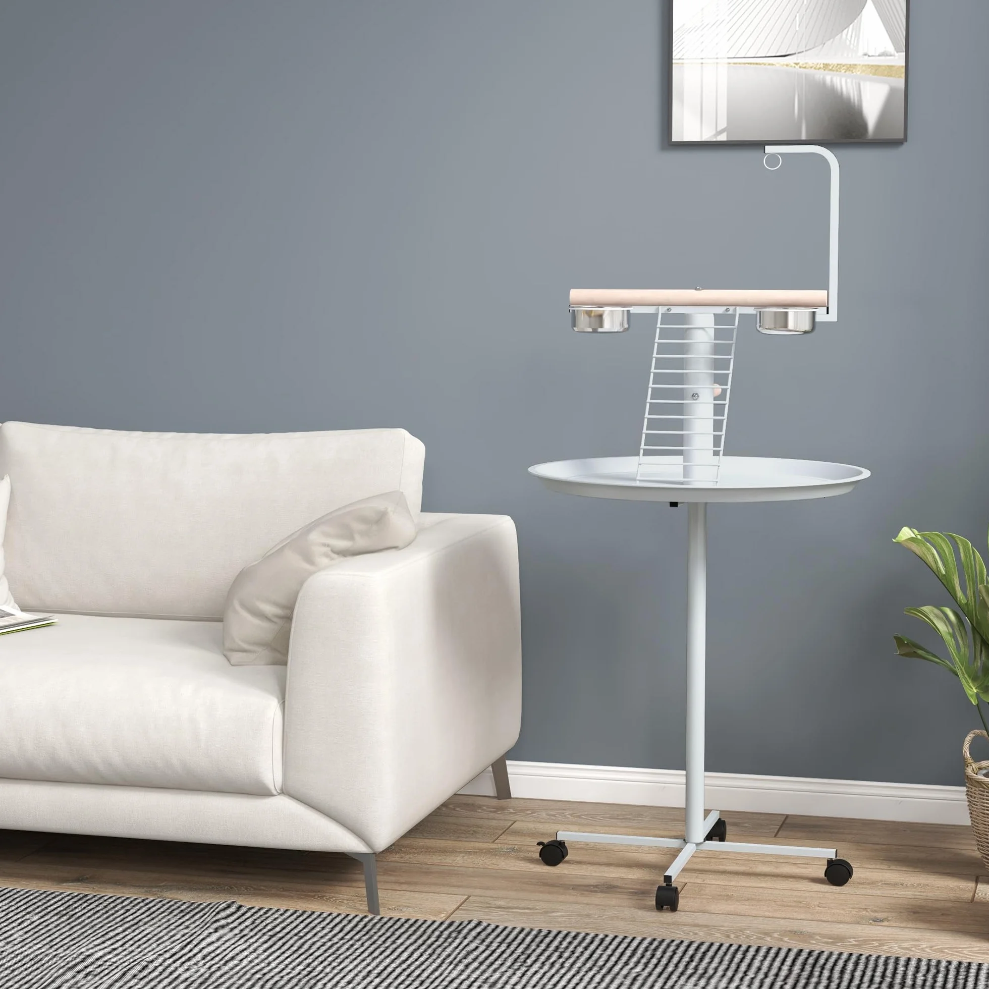 PawHut Mangeoire à Oiseaux sur Pied Acier Inoxydable 2 Bols Amovibles Ø 60 x 138H cm Blanc