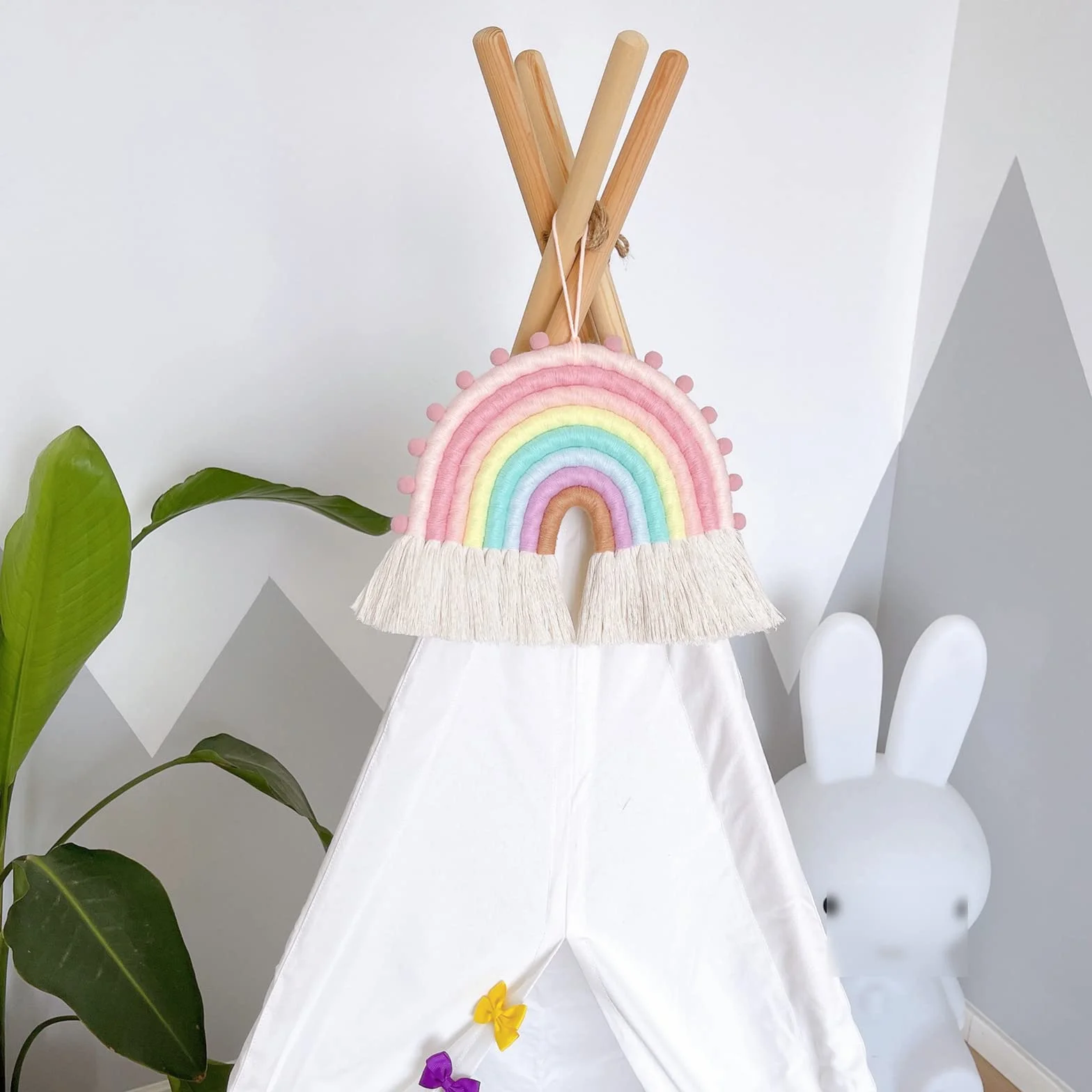 Suspension murale en macramé arc-en-ciel - Corde de coton tissée - Décoration murale pour chambre de bébé