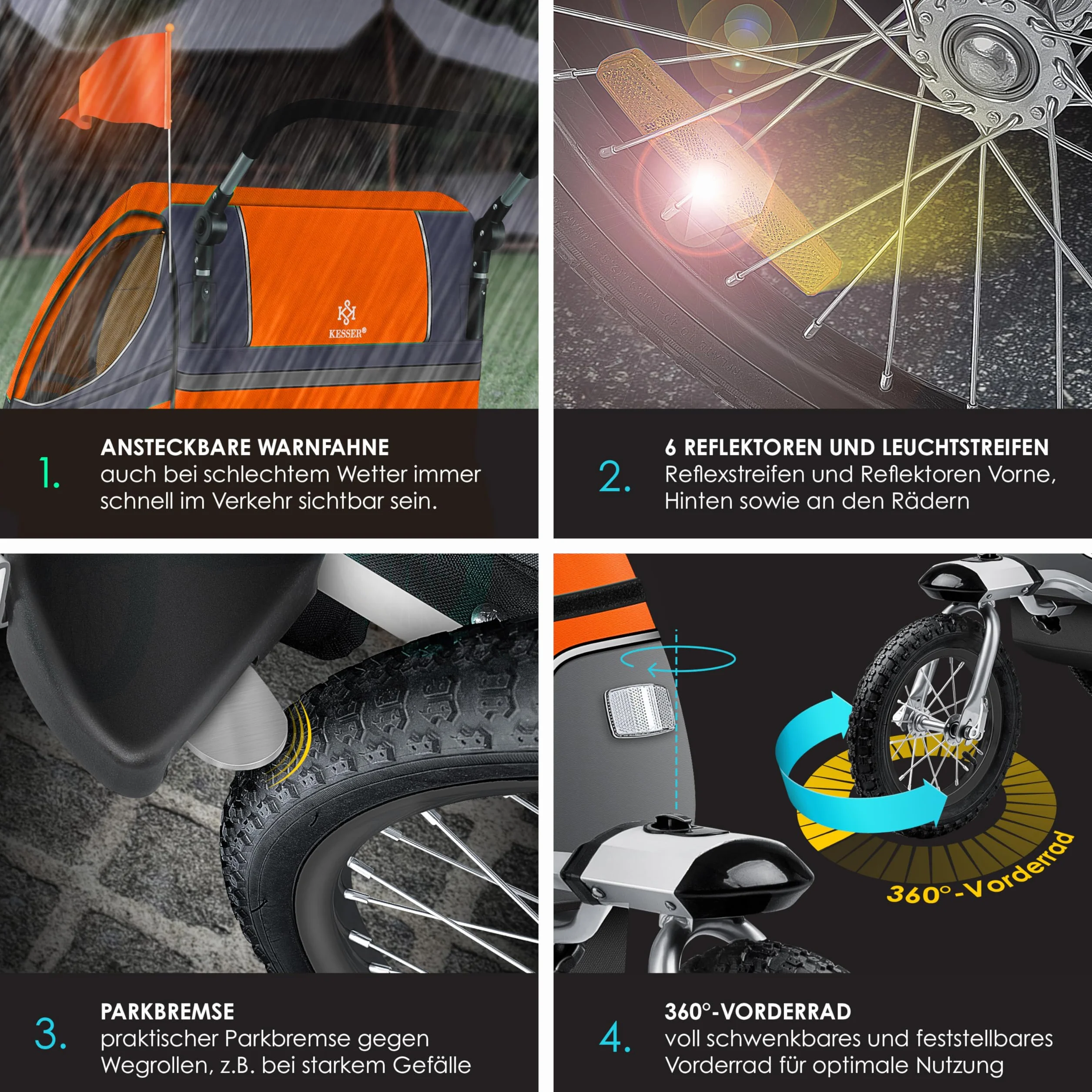 KESSER Remorque de vélo pour enfant pivotante 360° avec suspension 2 en 1, charge max 40 kg