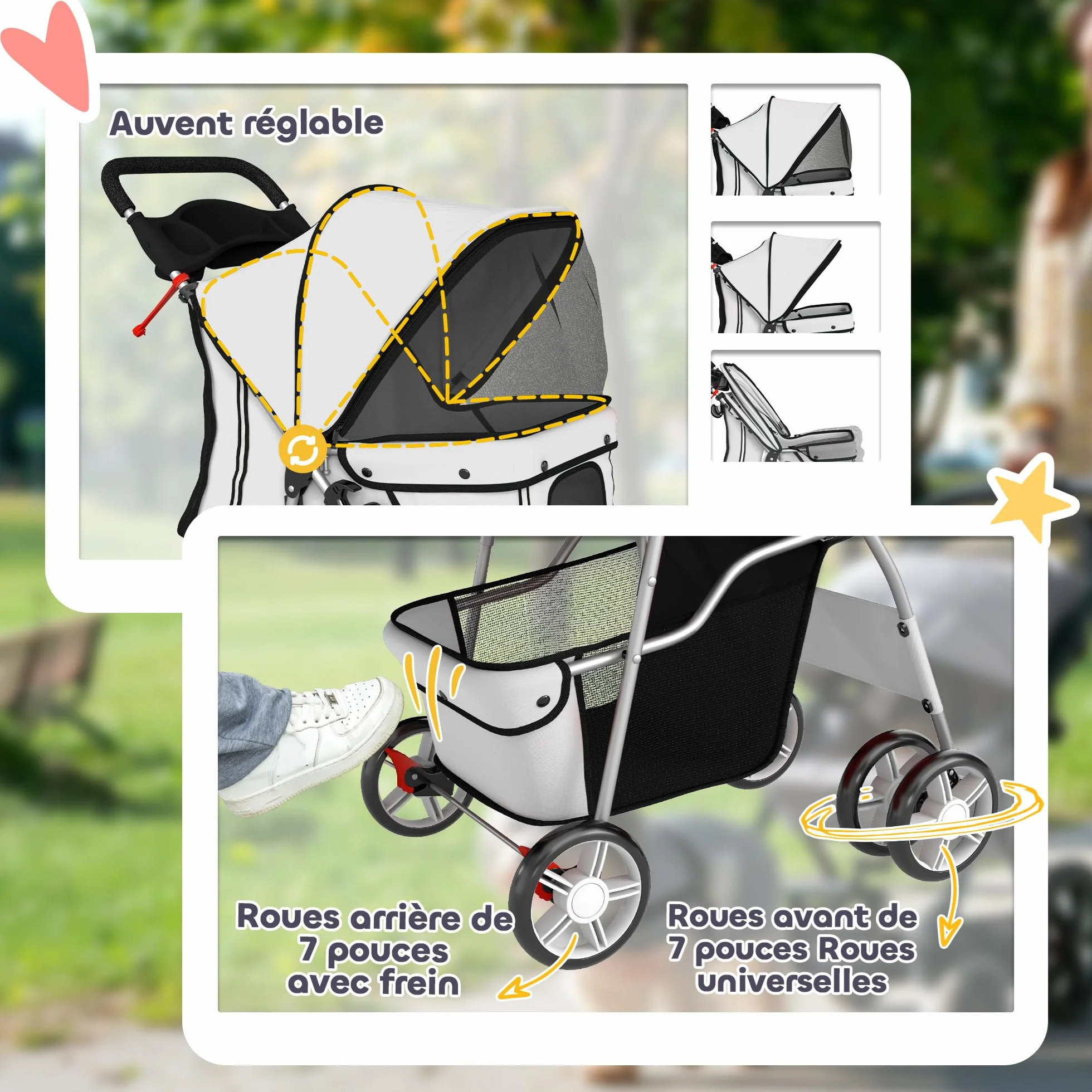 PawHut Poussette buggy pliable animaux chariot pliante imperméable chien chat toit amovible incluse porte-gobelet panier de rangement roues avec frein tissu 600D Oxford acier gris