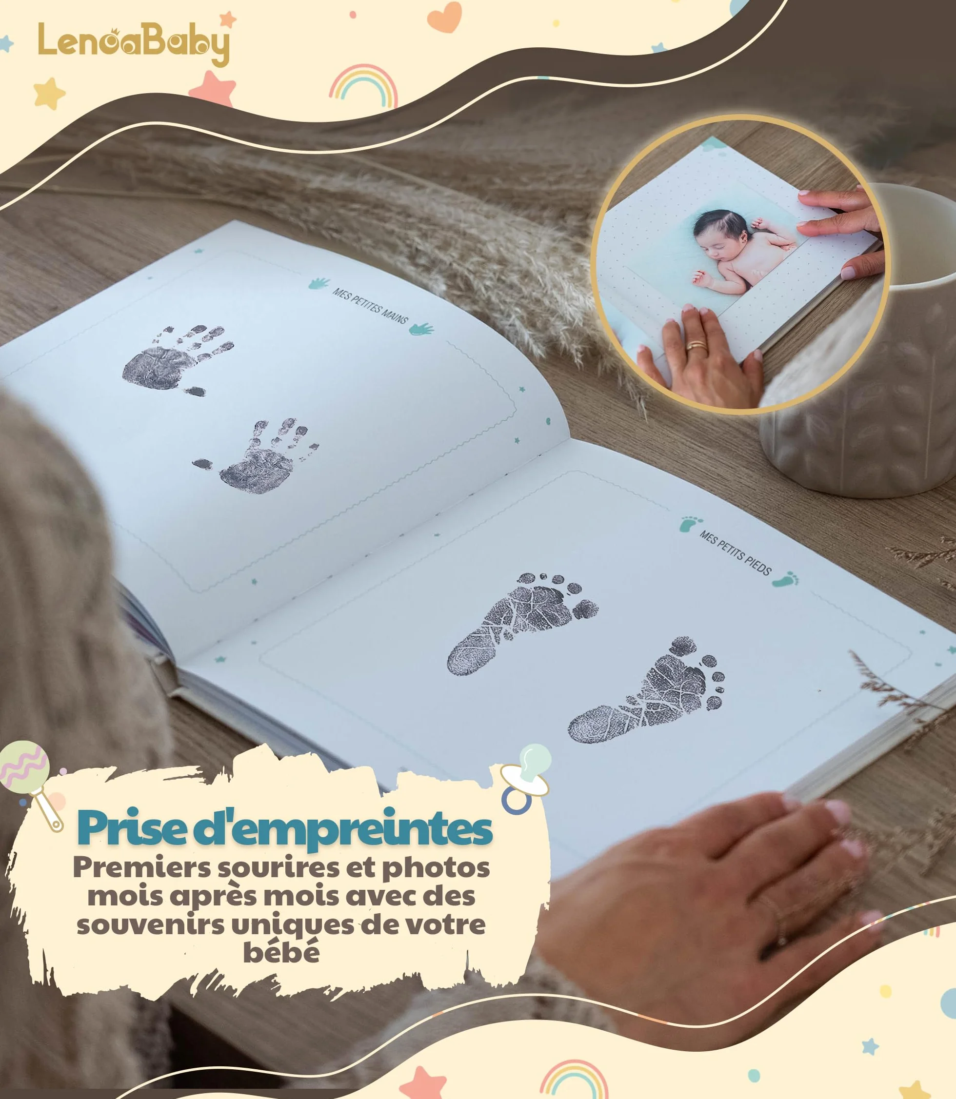 Livre de Naissance Bébé Ma Première Année avec Couverture en Lin 75 Pages Autocollants Album Photo Cadeau