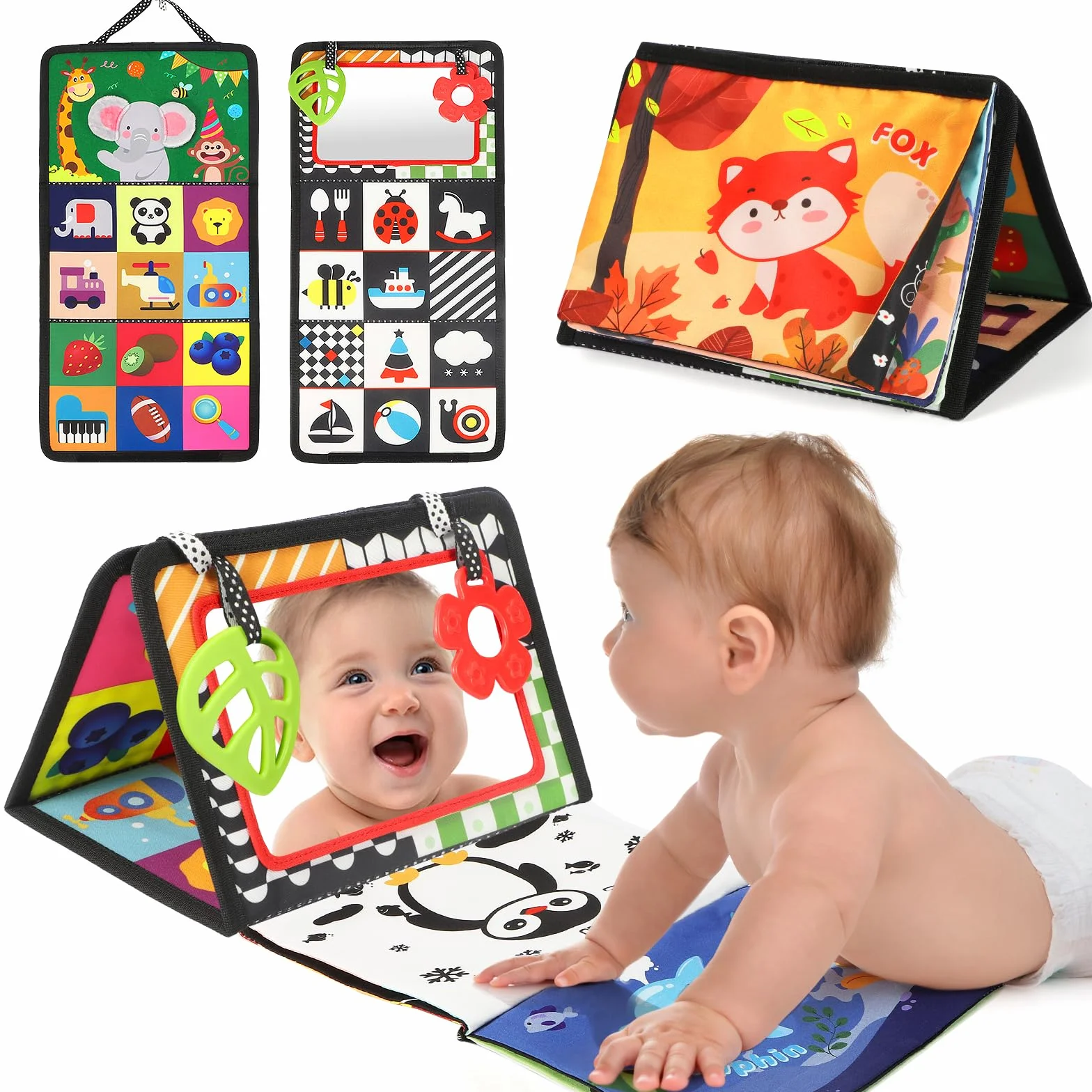 BBWOO Jouet Bébé 0-12 Mois, Grand Livre Pliable Montessori avec Miroir et Jouet Dentition Sensoriel, Images Noir et Blanc Haute Contraste