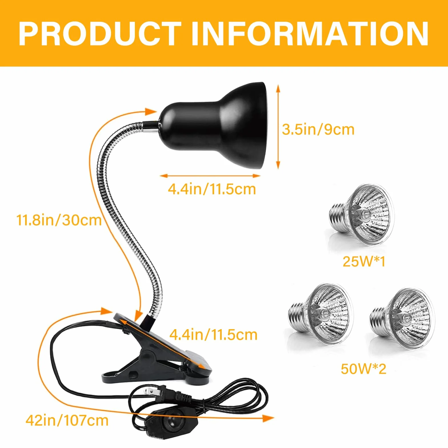 TOGETDREAM Lampe Chauffante Reptiles avec 3 Ampoules UVA UVB 25W 50W Pince Pivotante 360° pour Tortue Serpent Lézard