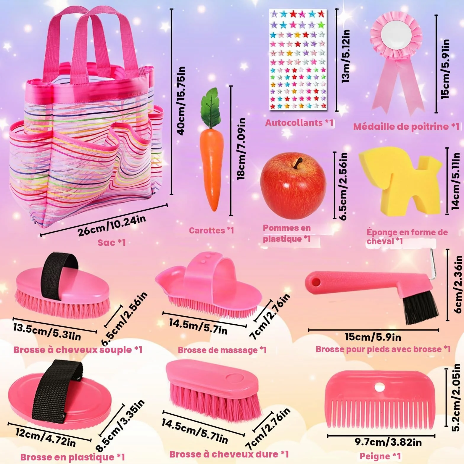 Magic Brush Hobby Horse Accessoires pour enfants - Boîte de nettoyage pour chevaux - Jouet rose avec sac