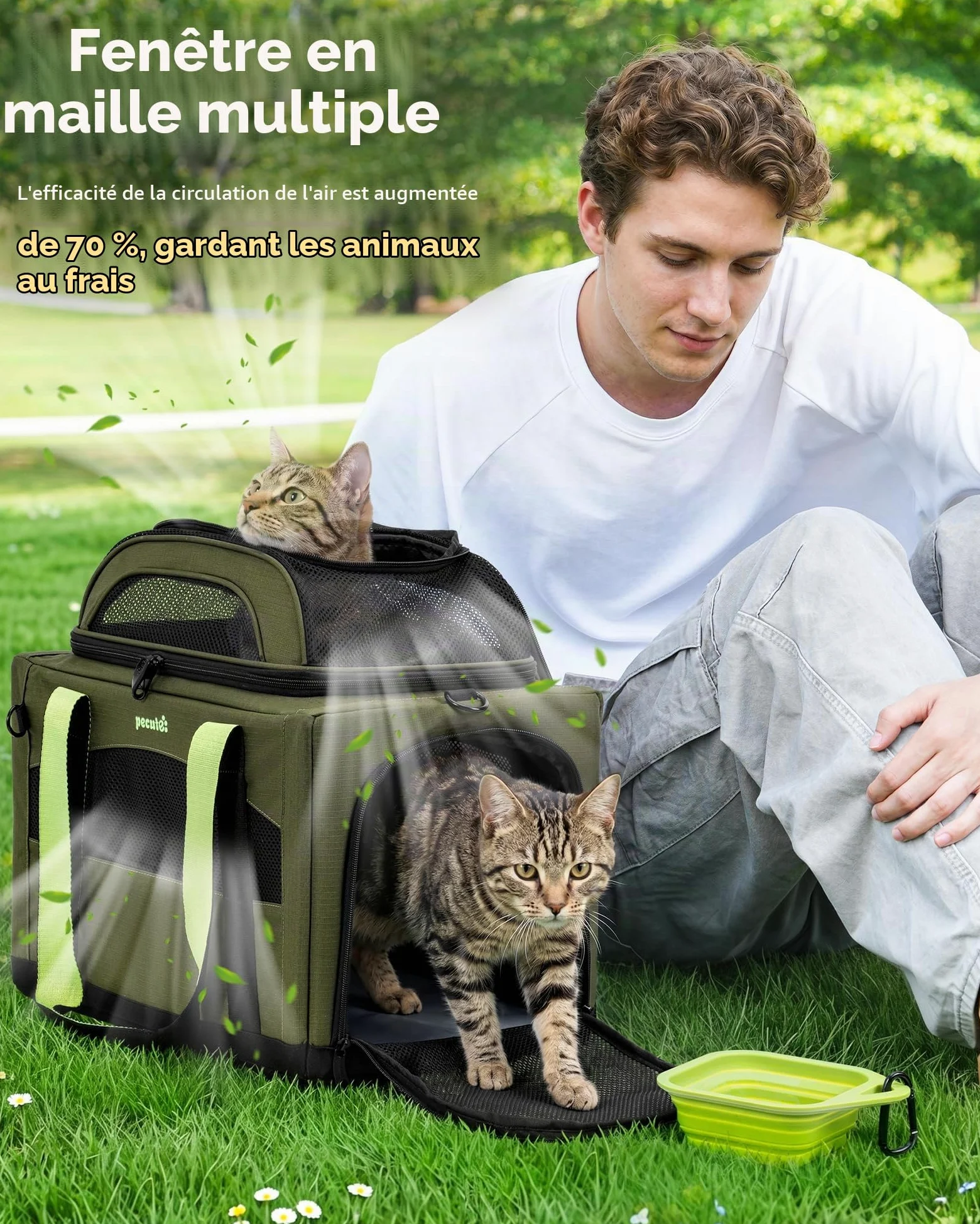 Pecute Caisse de Transport Chat et Chien Extensible, Pliable - Vert Armée | Extension Supérieure • Pliable & Respirant • Cadre Indéformable • Voyage & Vétérinaire • Pour Chats & Chiens