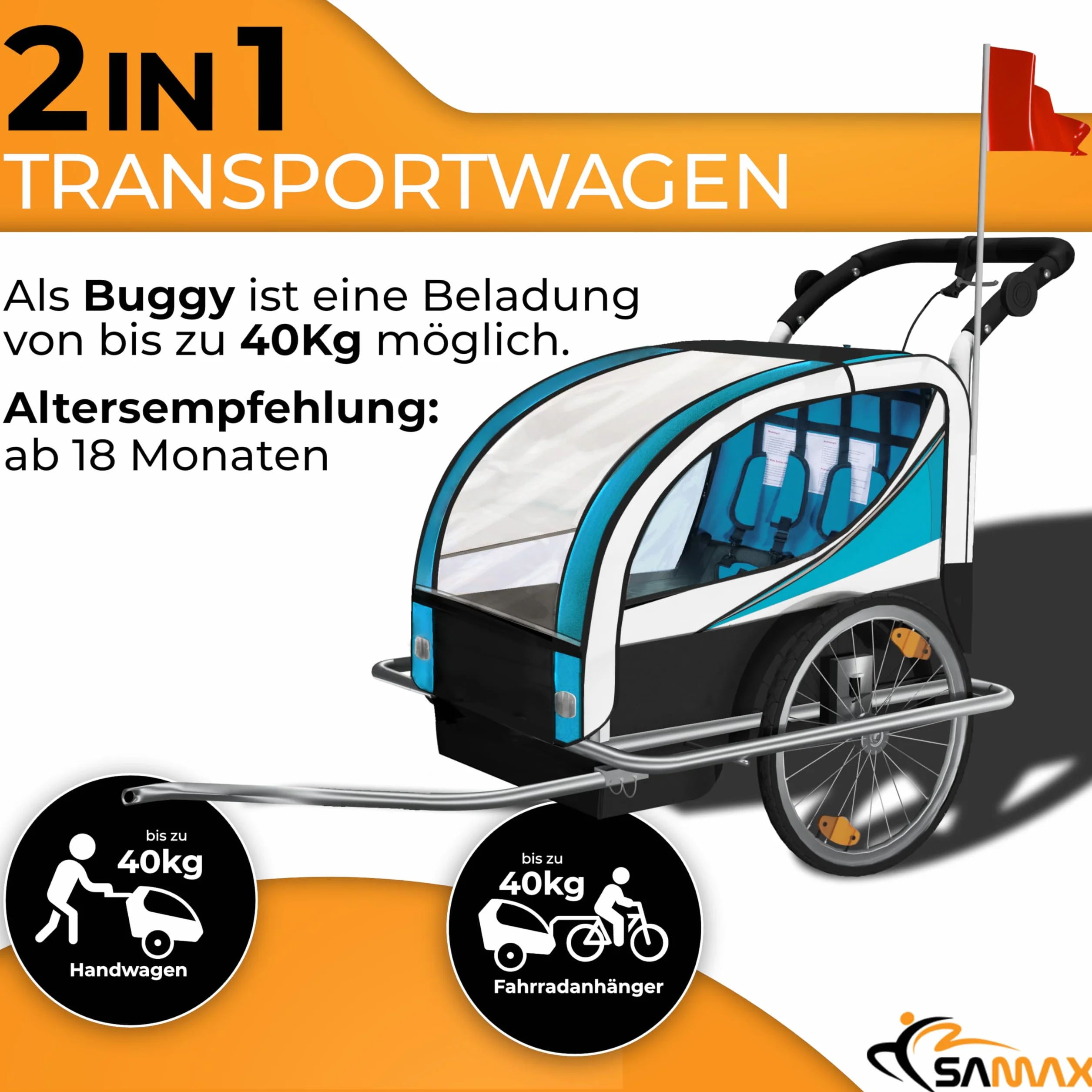 SAMAX Remorque Vélo Convertible Jogger 2en1 360° Rotatif pour 2 Enfants