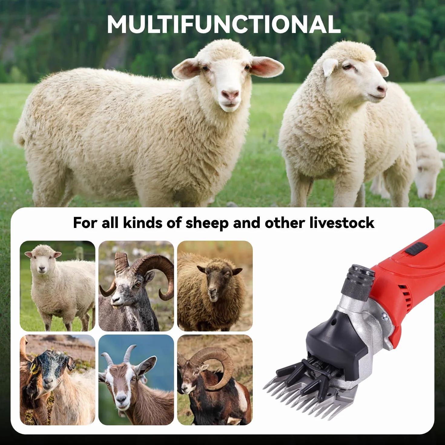 ONEVAN Tondeuse à moutons sans fil 500 W 6 vitesses 13 dents 2 batteries 3.0Ah Rouge