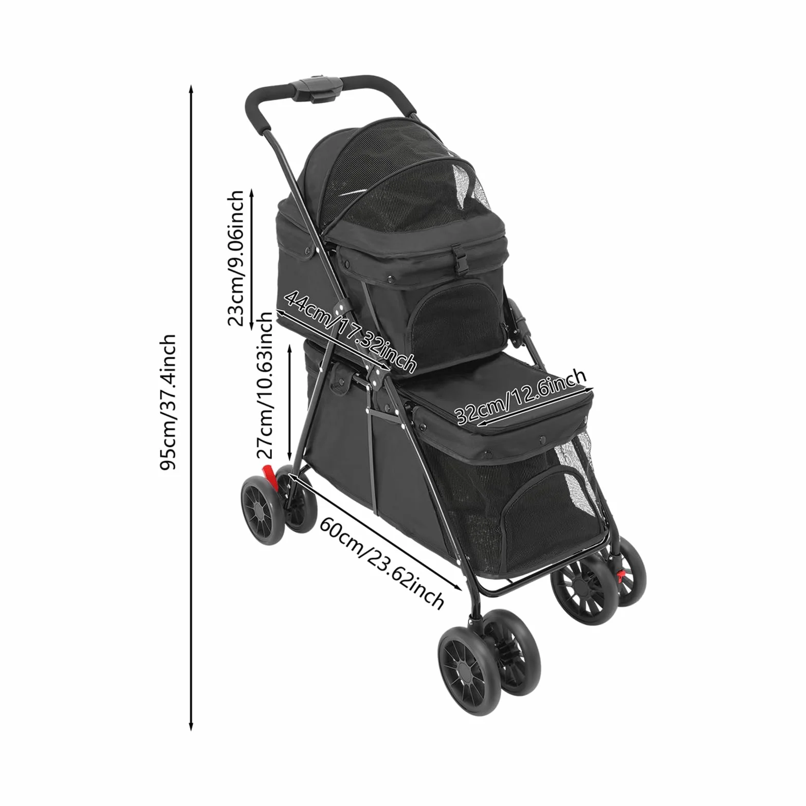 Poussette pliable à 2 couches pour chiens et chats - Avec fenêtre en filet, frein et sac de rangement - Cadre solide en acier au carbone - Charge maximale : 40 kg - 95 x 60 cm - Noir