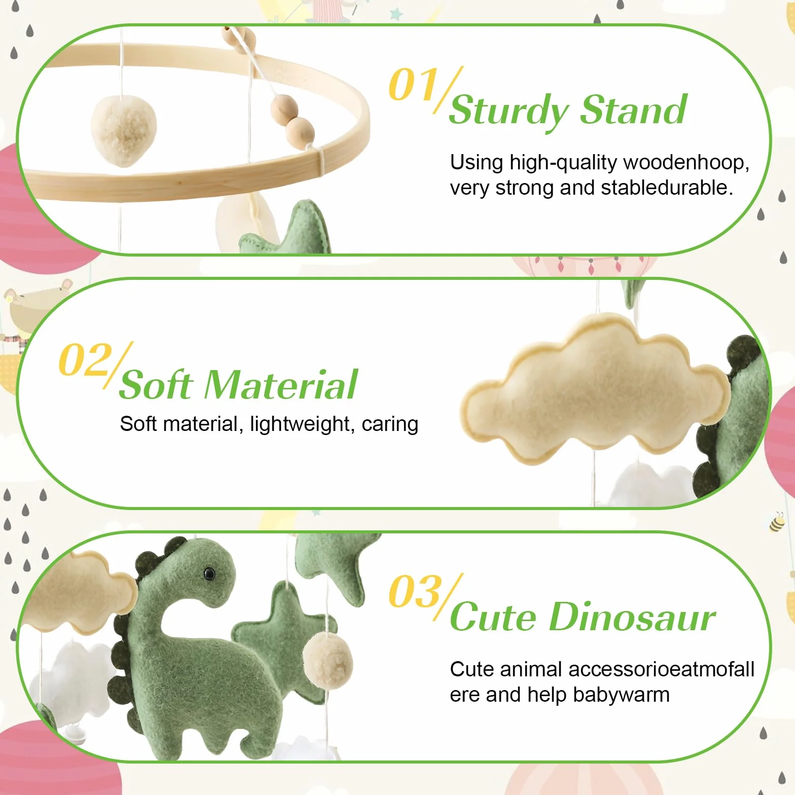 Carillon éolien bébé Dinosaure étoiles nuages Mobile bois lit bébé Jouet sensoriel Cadeau vert chambre enfant