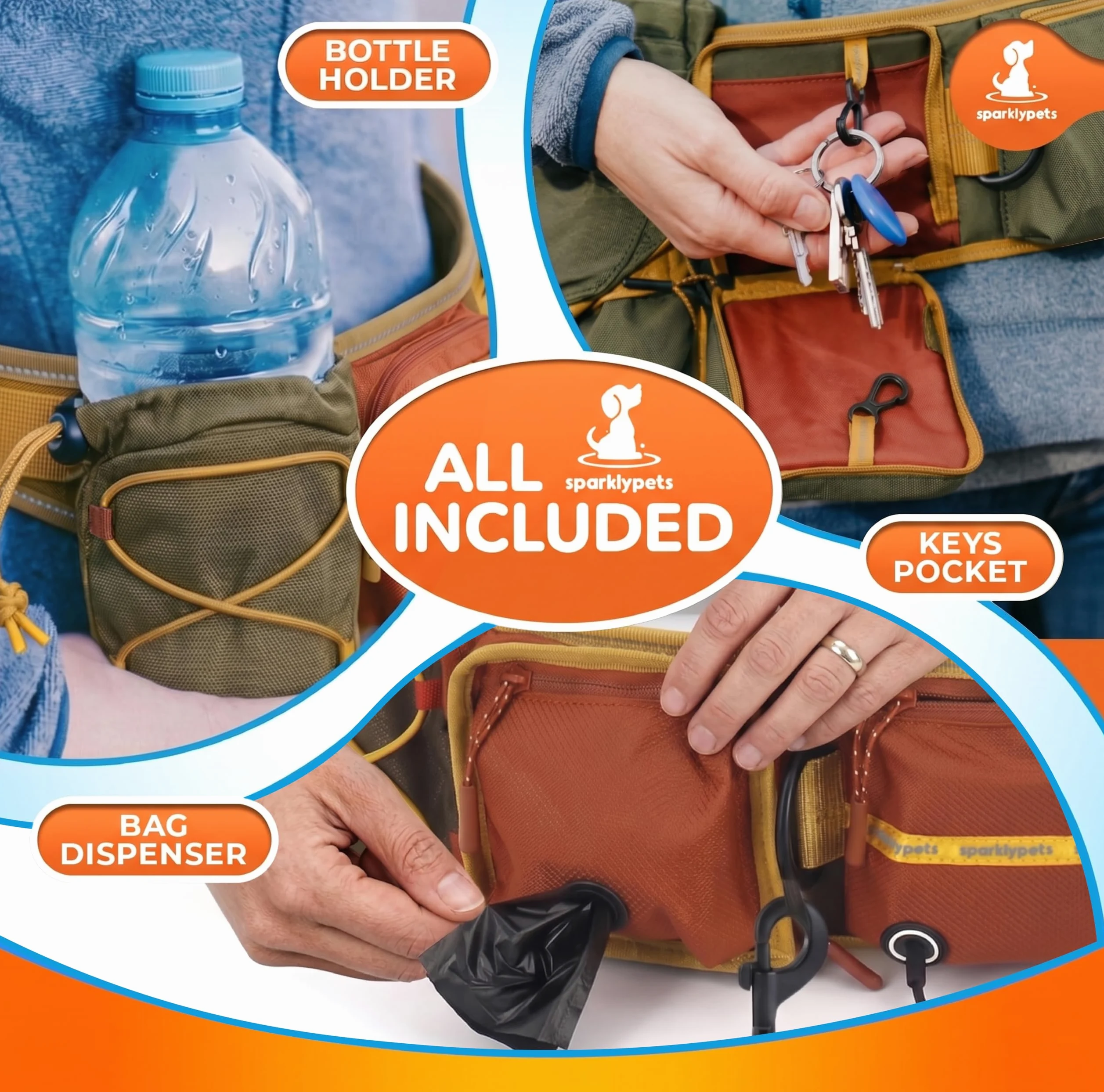 SparklyPets Double Bungee Waist 2 Laisse pour chien avec attelle dorsale – Double laisse pour chiens de taille moyenne/grande – Sac banane de course avec poches pour téléphone, déchets, friandises et