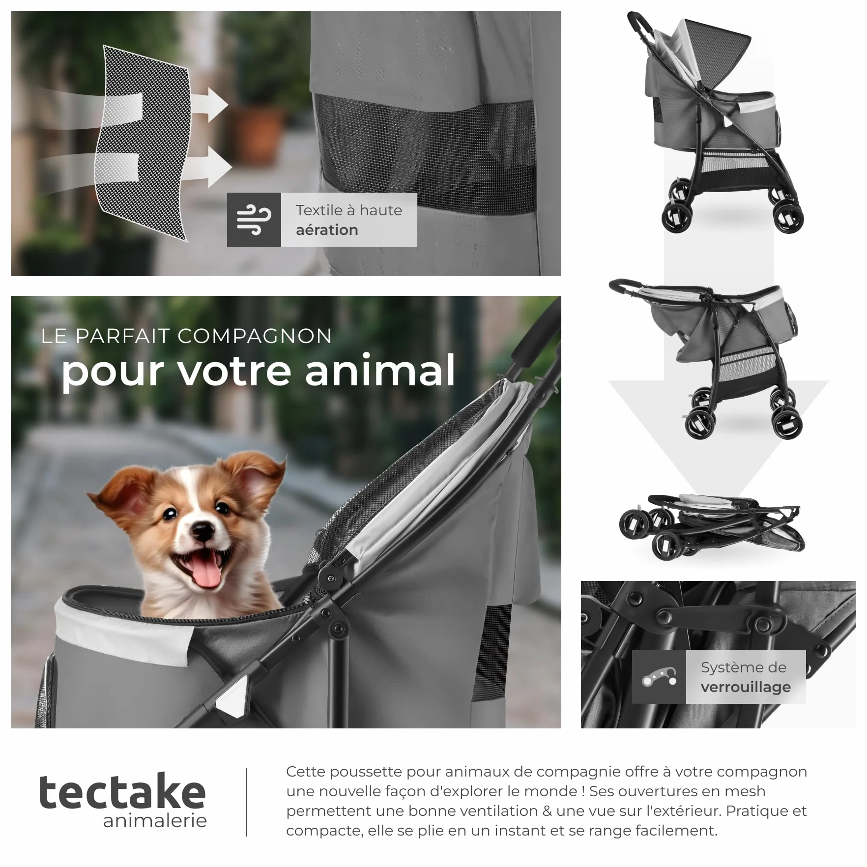 tectake® Poussette canne pour chien & chat avec Coussin amovible Poussette pliable avec tissu imperméable jusqu'à 12 kg Chariot pour chien Poussette chat Chariot pliant pour transport chats