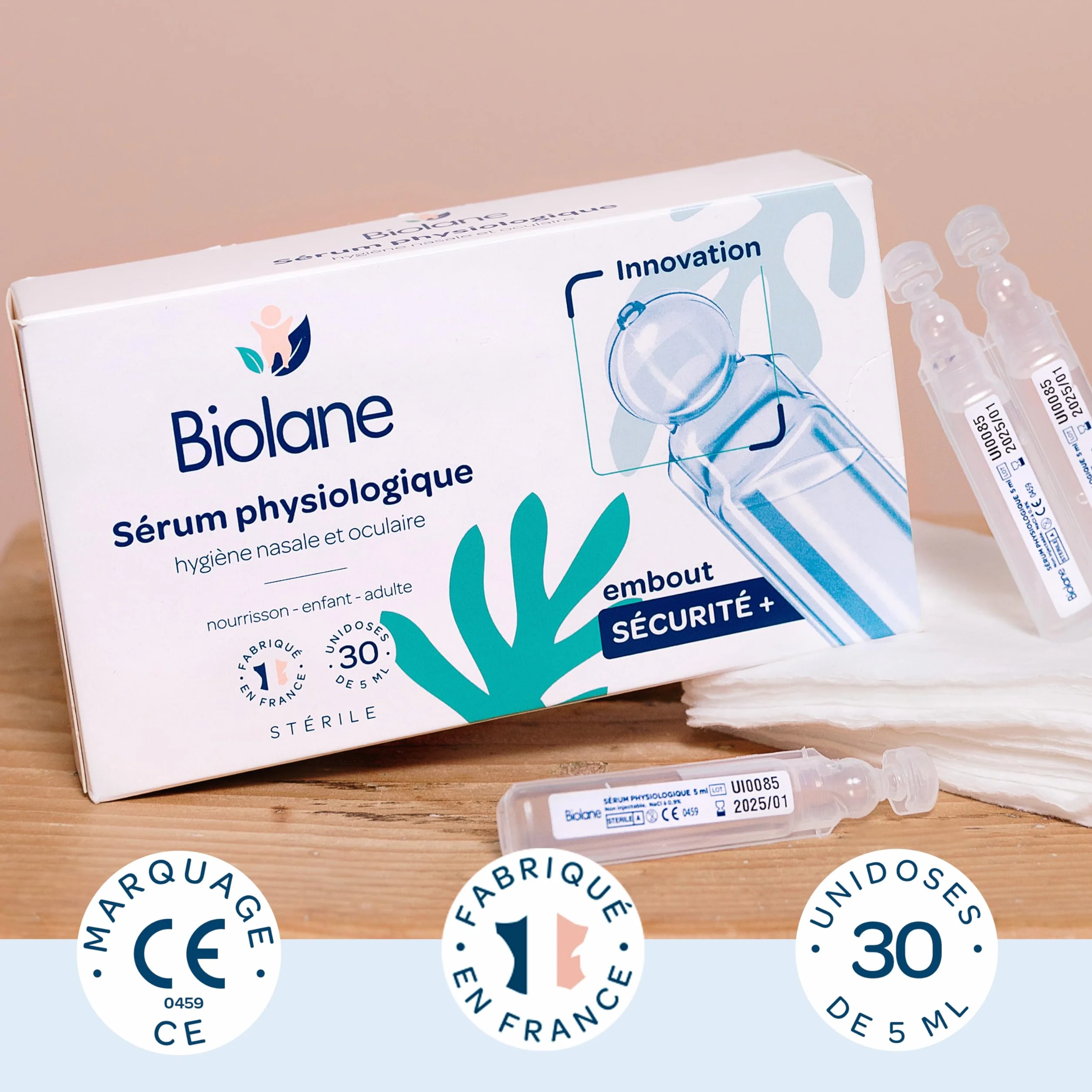 BIOLANE Sérum Physiologique 30 Unidoses Nettoie le nez et les yeux Dès la naissance