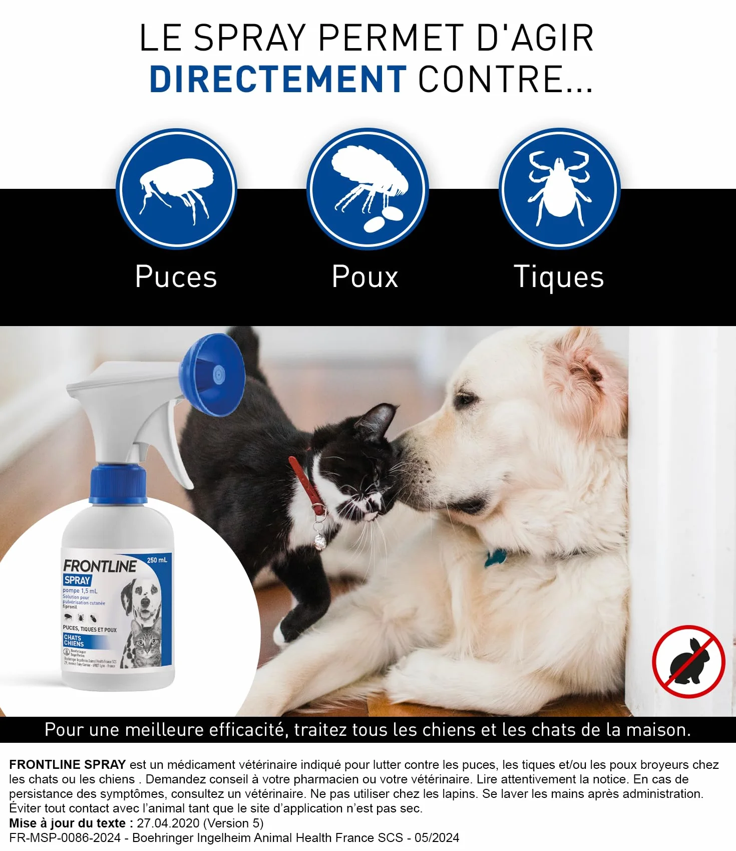 FRONTLINE Spray pompe 250 ml Antiparasitaire Chien Chat Anti-puces Anti-Tiques