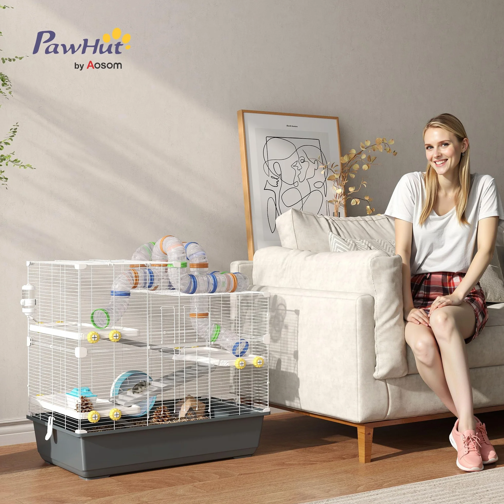 PawHut Cage Hamster 4 Niveaux avec Roue 78x45x73 cm Gris | Cage rongeur, bol nourriture, tunnel, cabane, porte supérieure, pour hamster syrien
