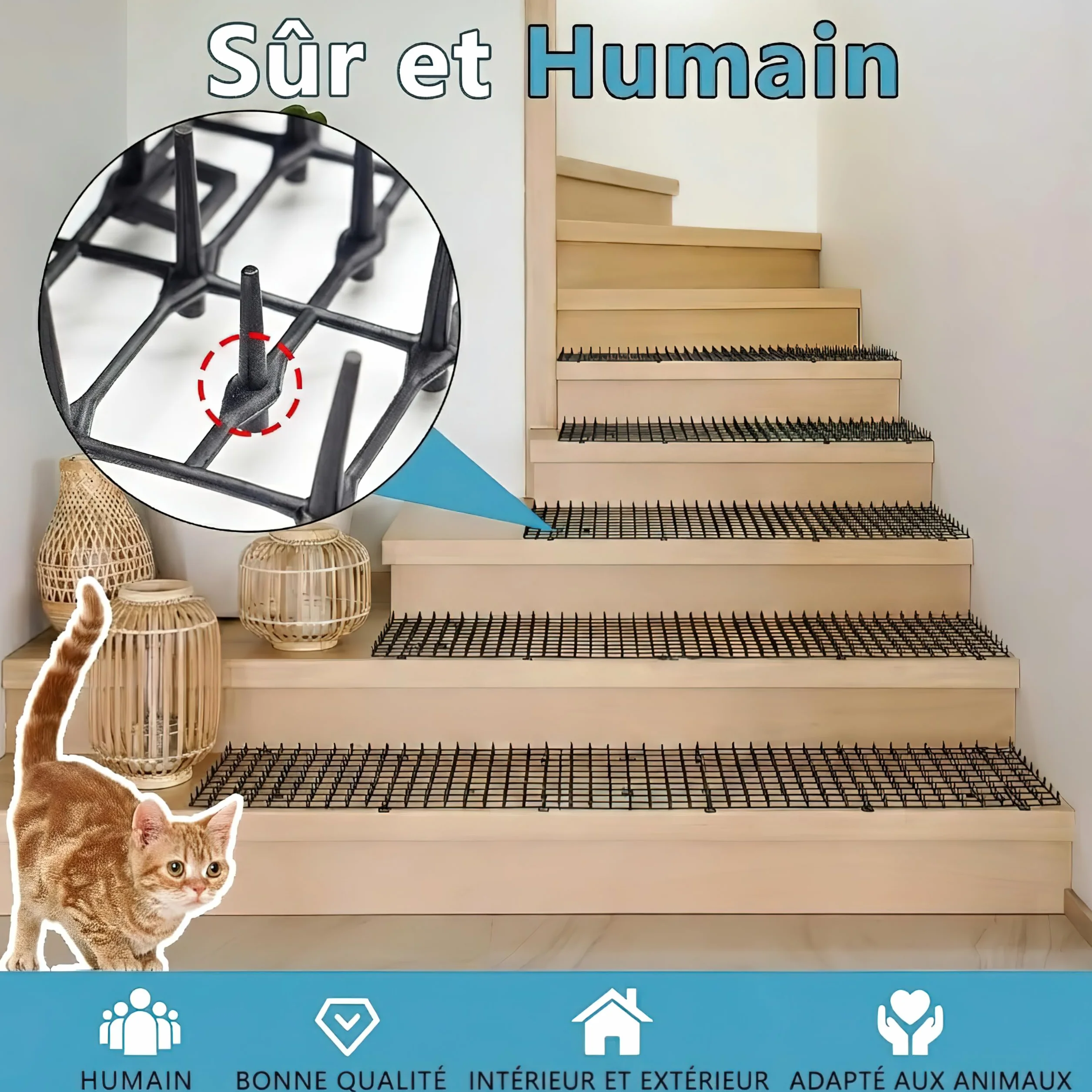Tapis répulsif pour animaux de compagnie blanc 1,98 m avec piquets de sol et attaches pour jardin