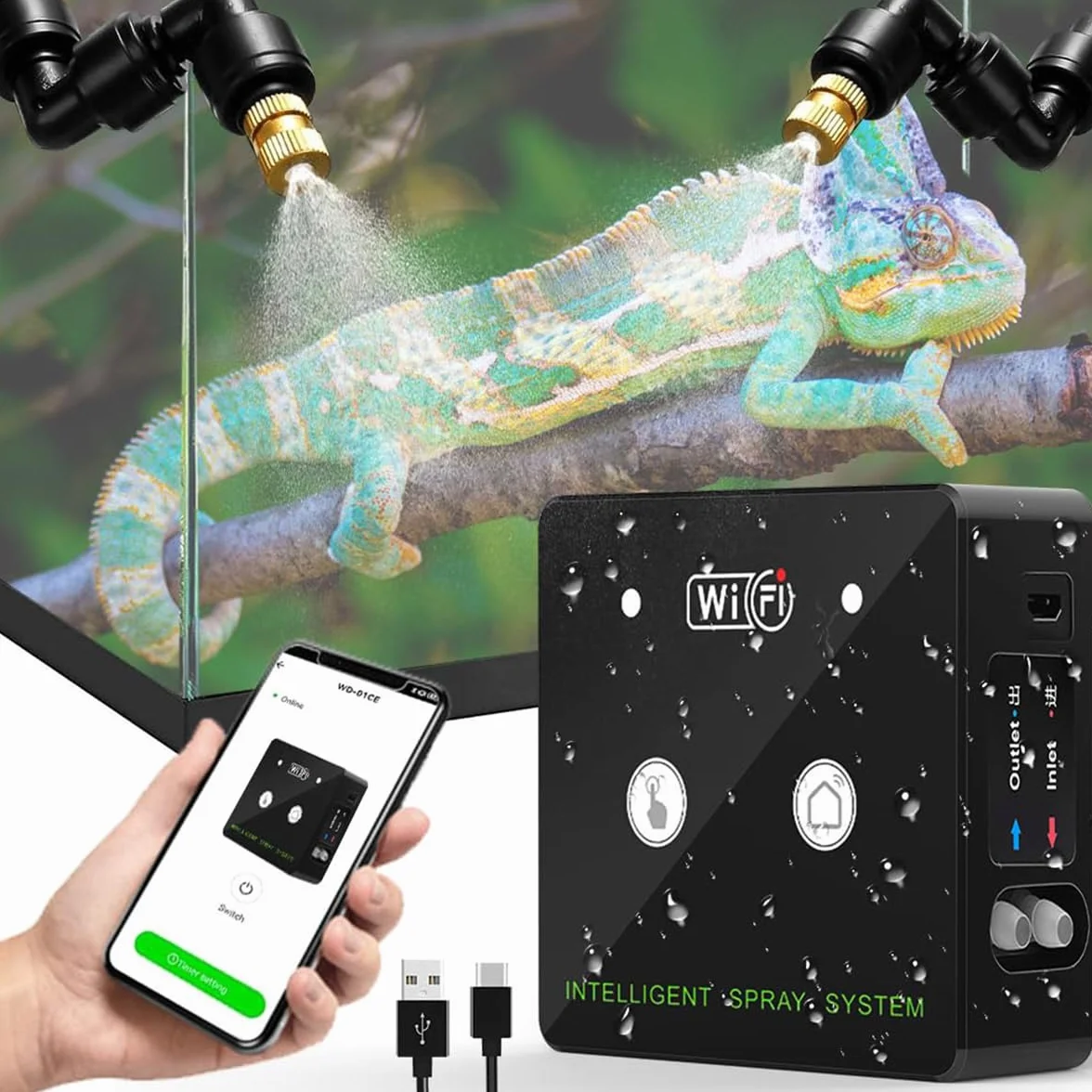 Système de brumisation réglable 360° pour réservoir de forêt tropicale, pulvérisateur automatique intelligent pour boîte à tortues